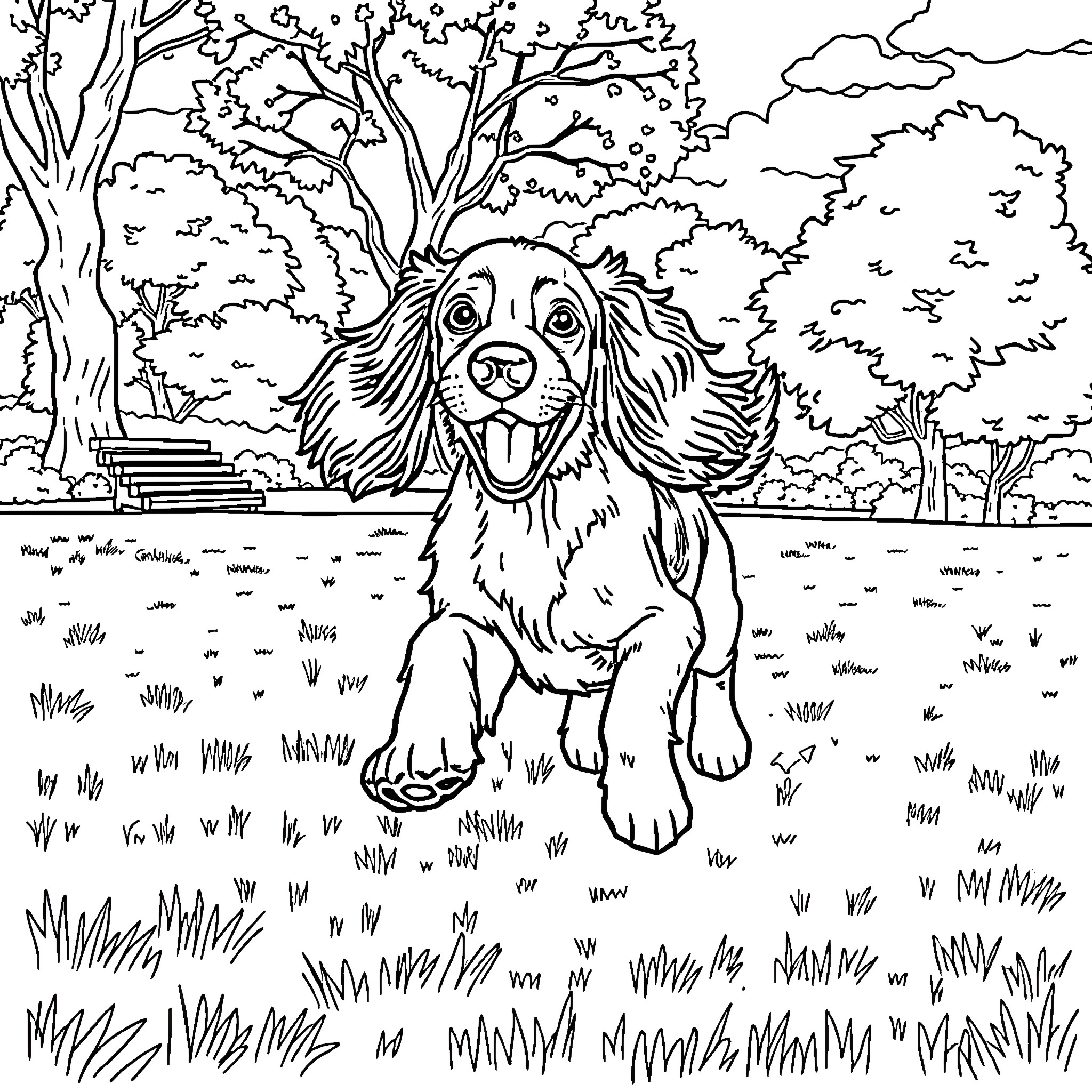 Cocker Spaniel enjoying a sunny day in the park Coloring Page (free black-and-white line drawing printable PDF for all, from beginners to advanced learners, including children, teens, adults, and seniors)