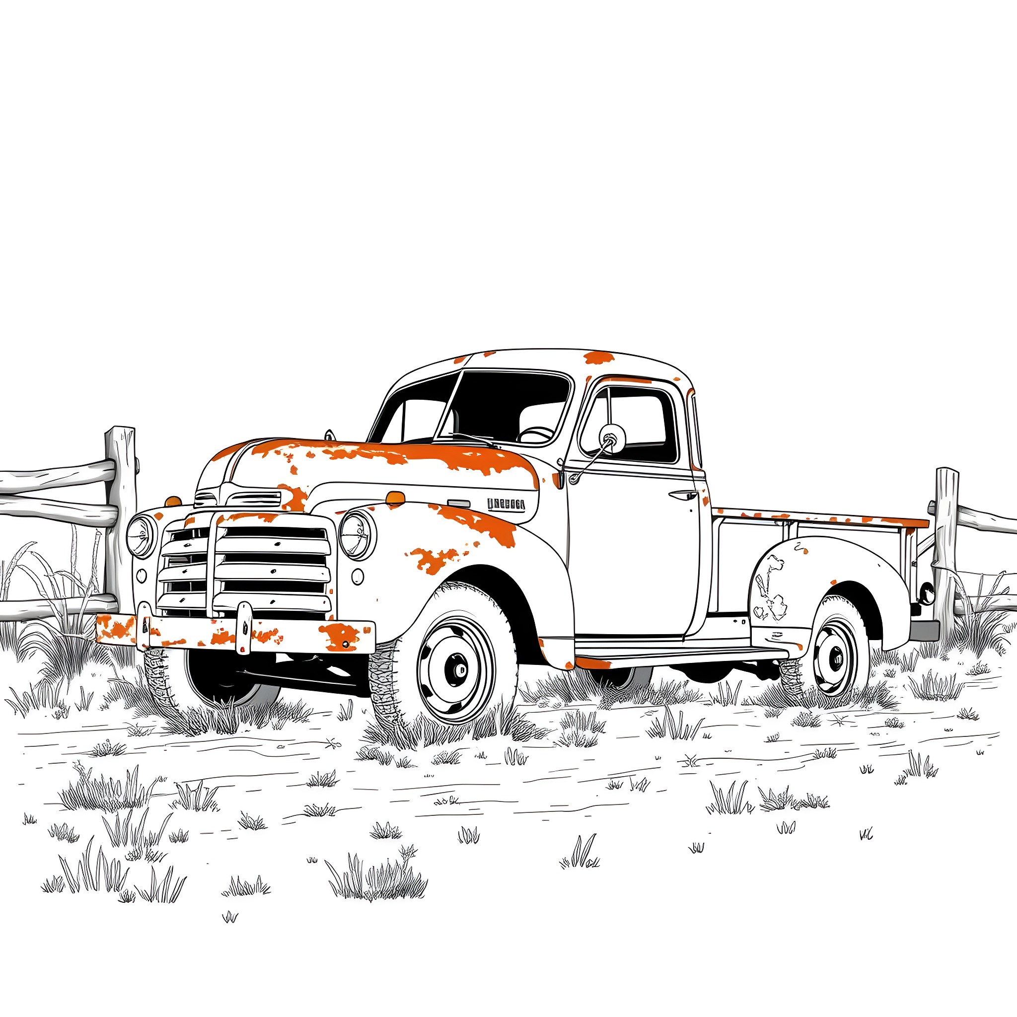 Truck with retro design in a rural landscape Coloring Page (free black-and-white line drawing printable PDF for all, from beginners to advanced learners, including children, teens, adults, and seniors)