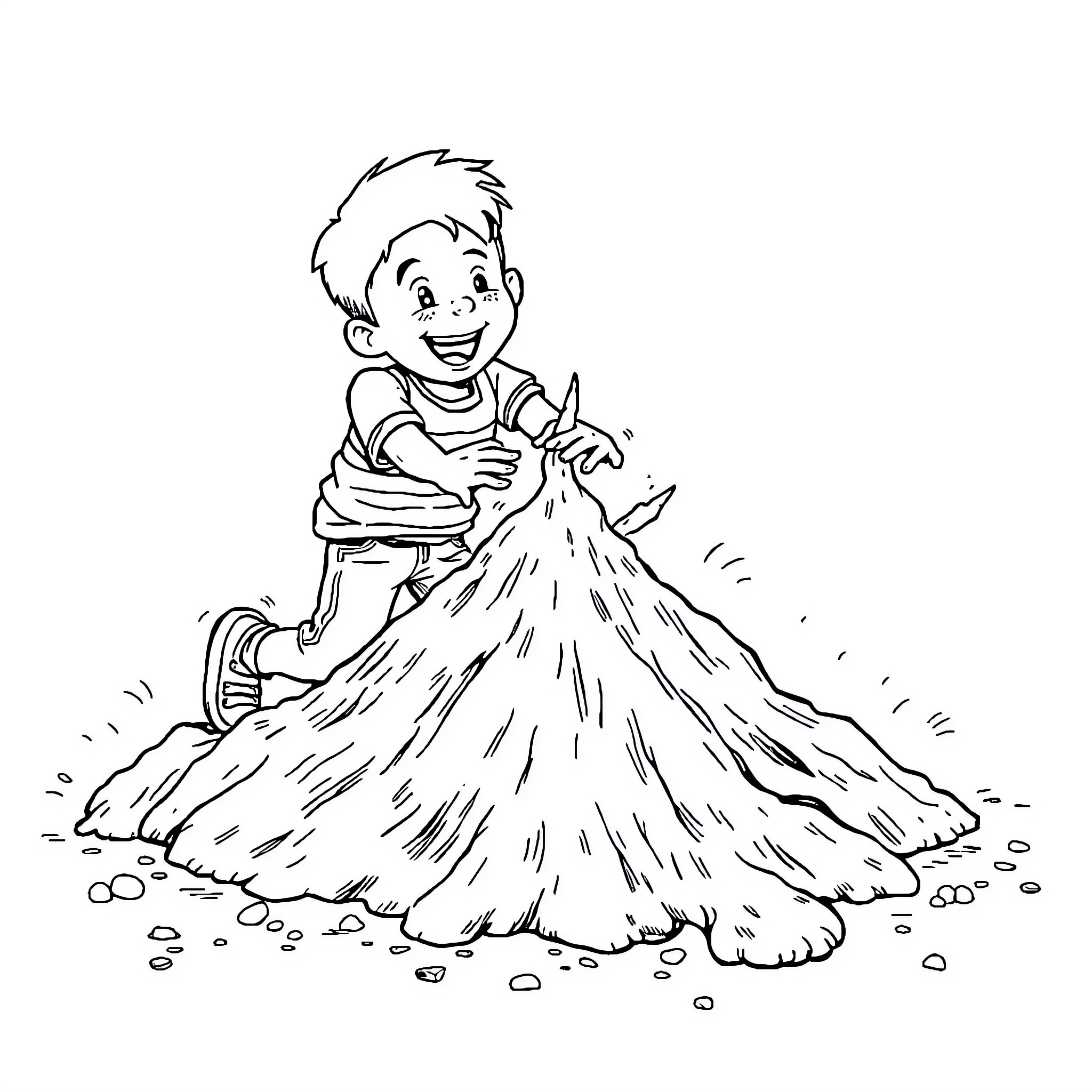 Boy playing joyfully in a pile of leaves Coloring Page (free black-and-white line drawing printable PDF for all, from beginners to advanced learners, including children, teens, adults, and seniors)