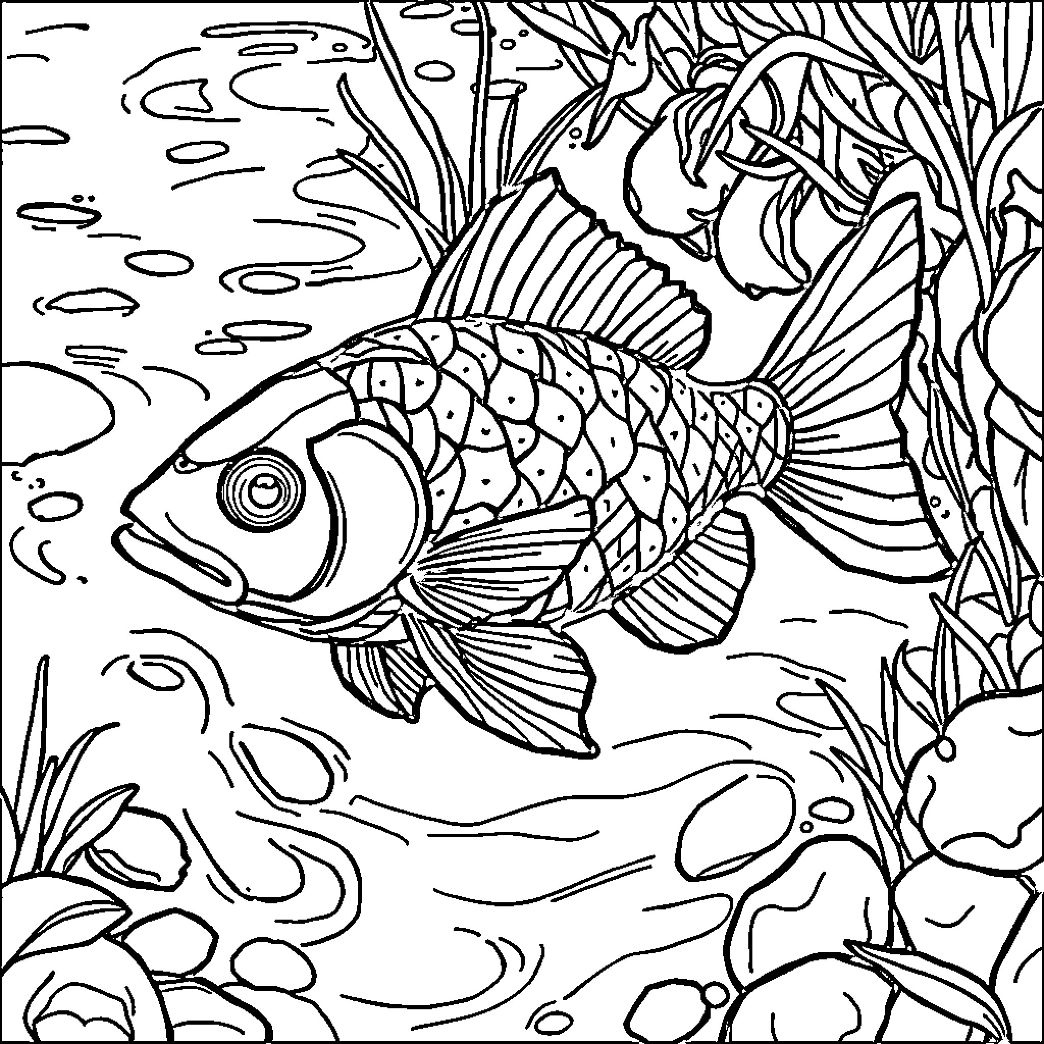 Fish swimming among aquatic plants Coloring Page (free black-and-white line drawing printable PDF for all, from beginners to advanced learners, including children, teens, adults, and seniors)