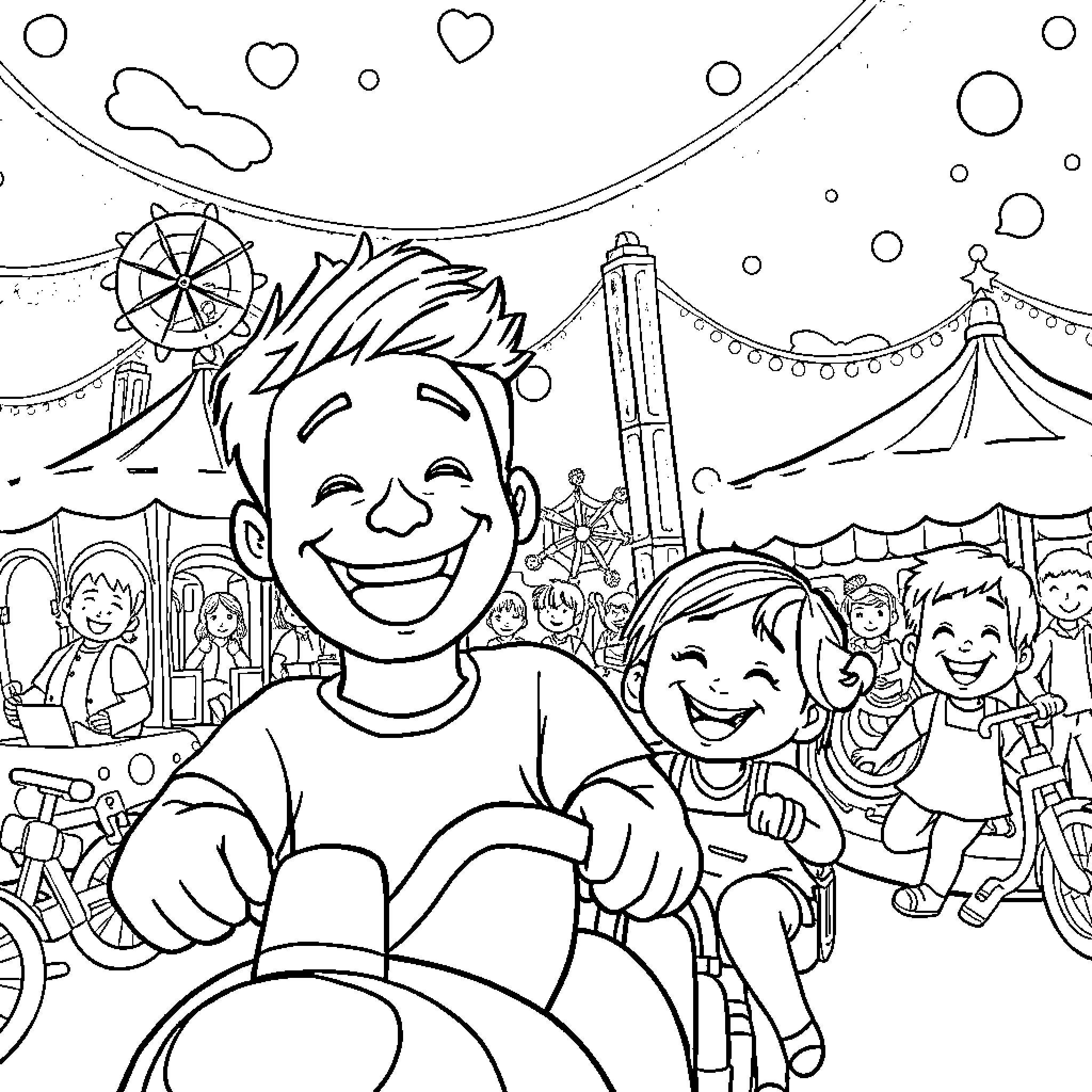 Lamine Yamal enjoying a carnival with friends Coloring Page (free black-and-white line drawing printable PDF for all, from beginners to advanced learners, including children, teens, adults, and seniors)