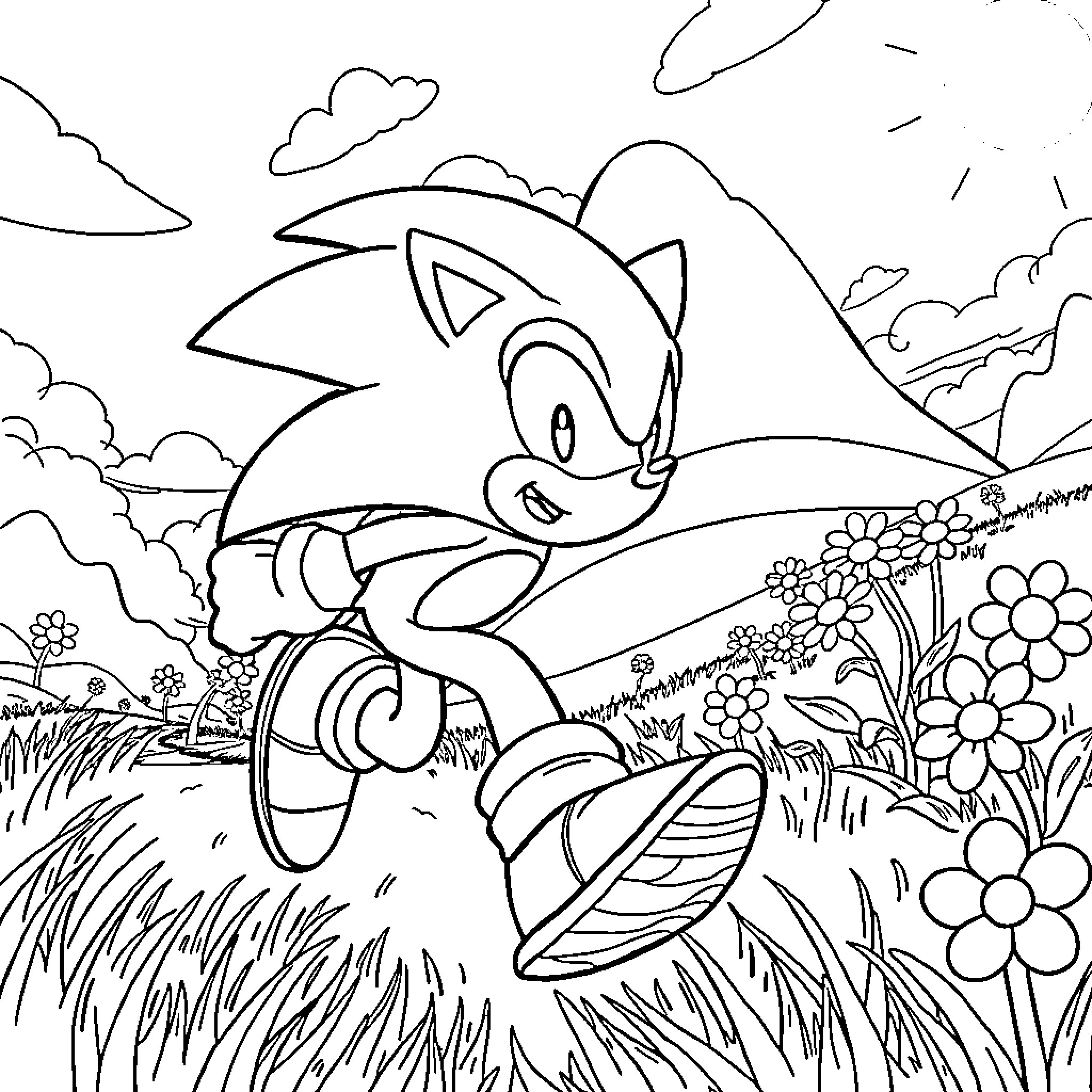 Sonic running playfully in a nature scene Coloring Page (free black-and-white line drawing printable PDF for all, from beginners to advanced learners, including children, teens, adults, and seniors)