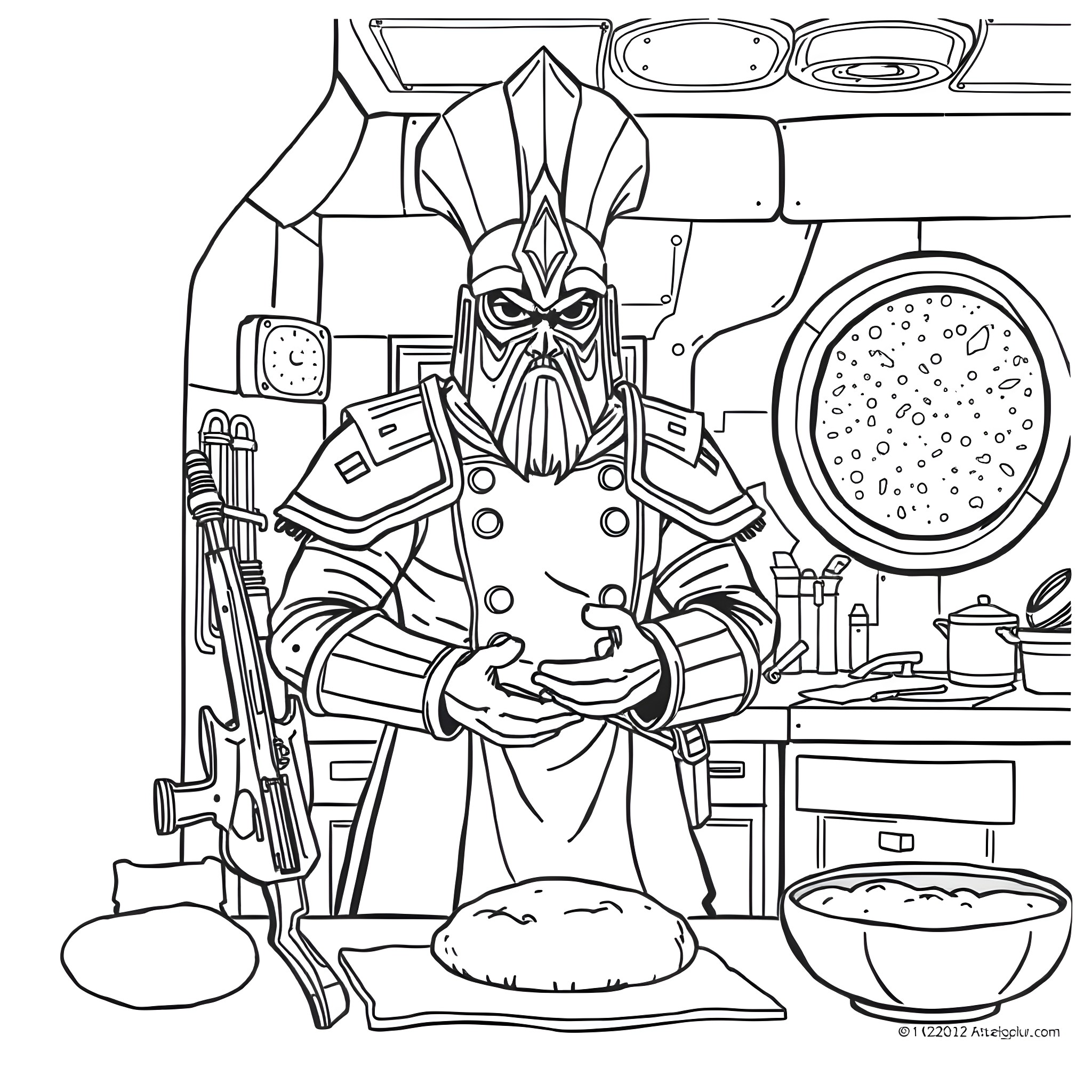 Klingon Chef Preparing Warrior's Feast Coloring Page (free black-and-white line drawing printable PDF for all, from beginners to advanced learners, including children, teens, adults, and seniors)