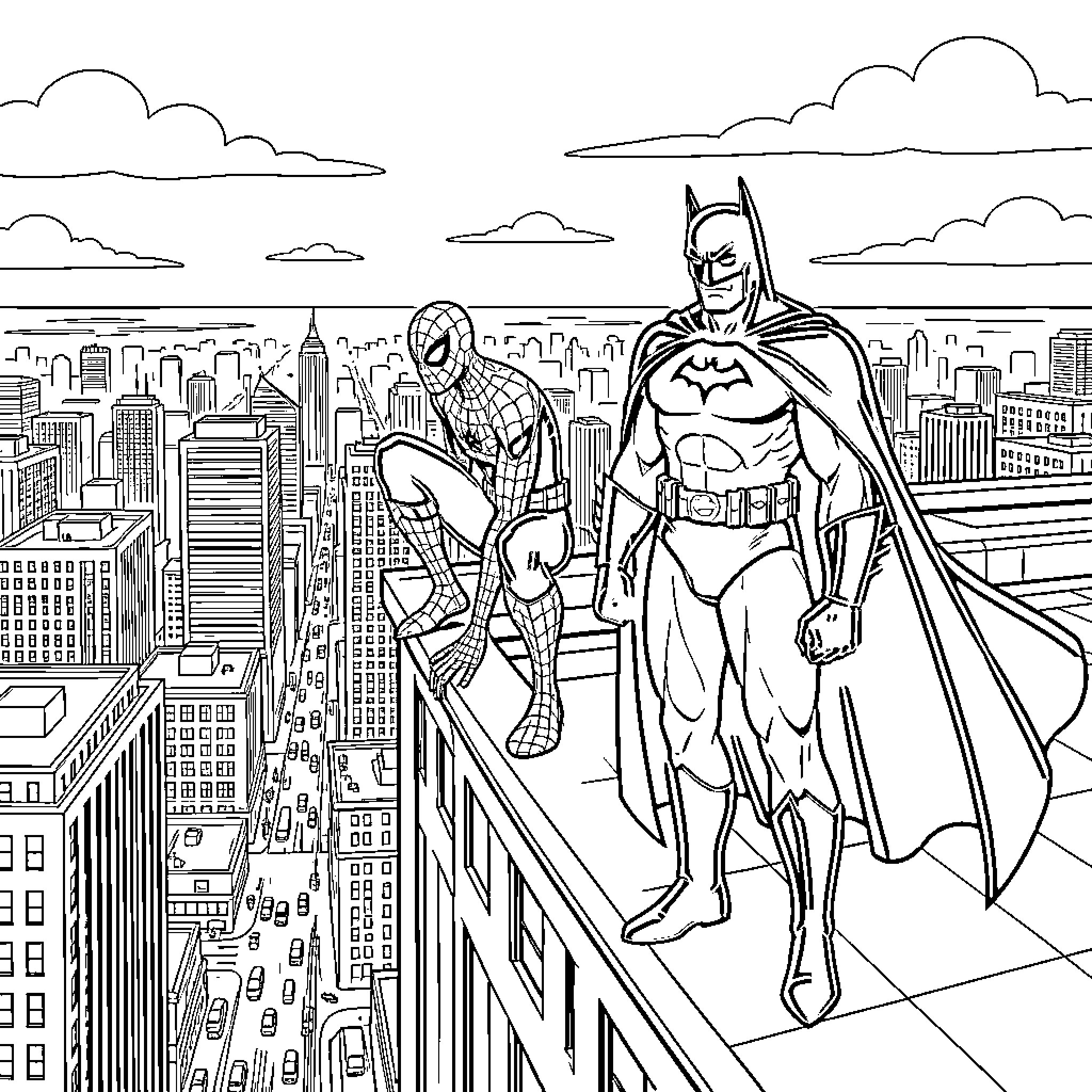 Spiderman and Batman overlooking the city Coloring Page (free black-and-white line drawing printable PDF for all, from beginners to advanced learners, including children, teens, adults, and seniors)