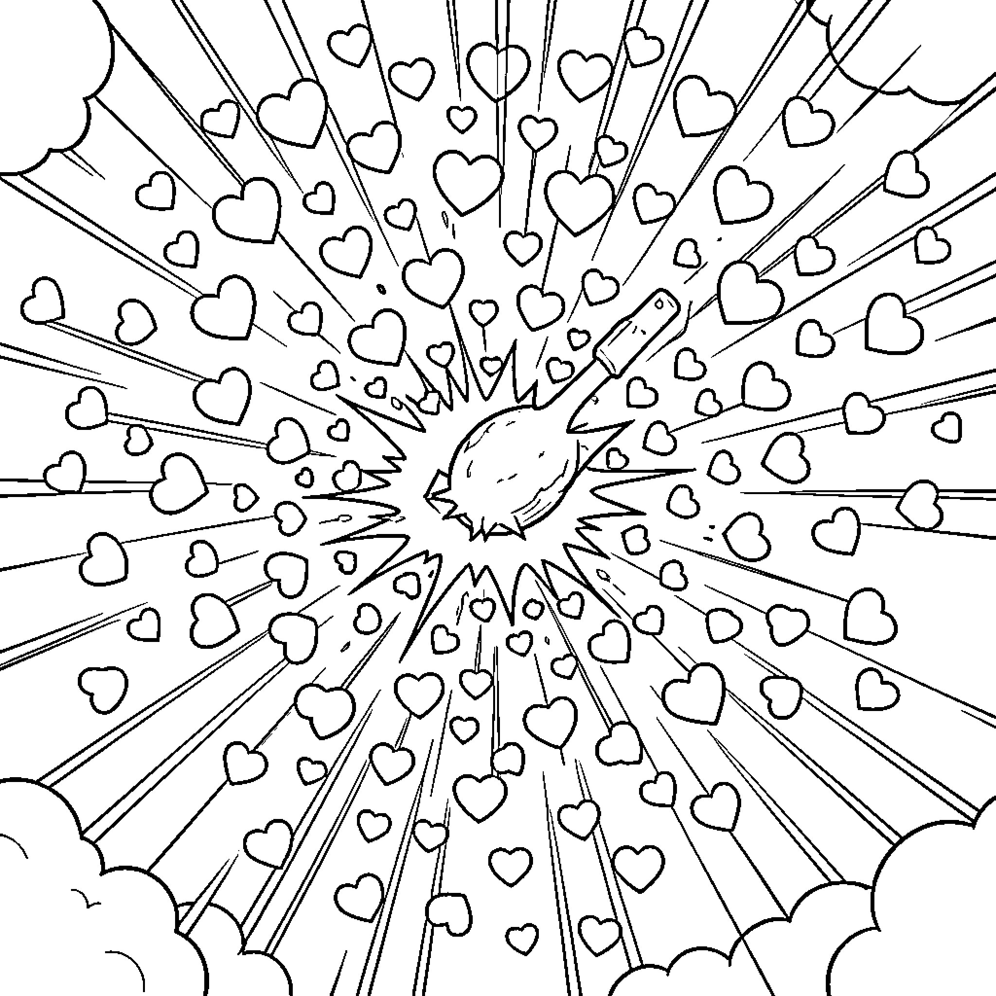Bomba of Radiant Hearts Burst Forth Coloring Page (free black-and-white line drawing printable PDF for all, from beginners to advanced learners, including children, teens, adults, and seniors)