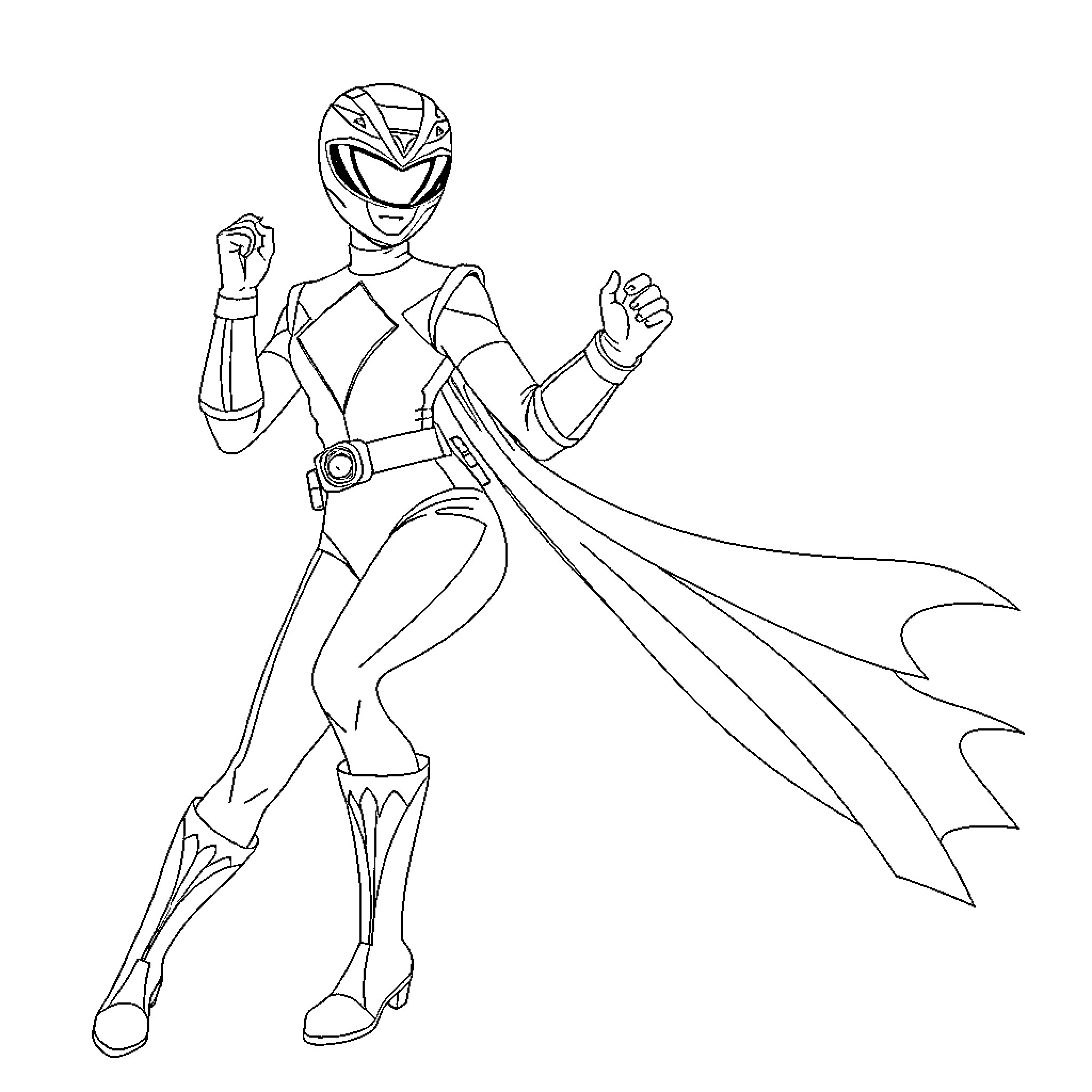 Power Ranger in Heroic Pose with Gear Coloring Page (free black-and-white line drawing printable PDF for all, from beginners to advanced learners, including children, teens, adults, and seniors)