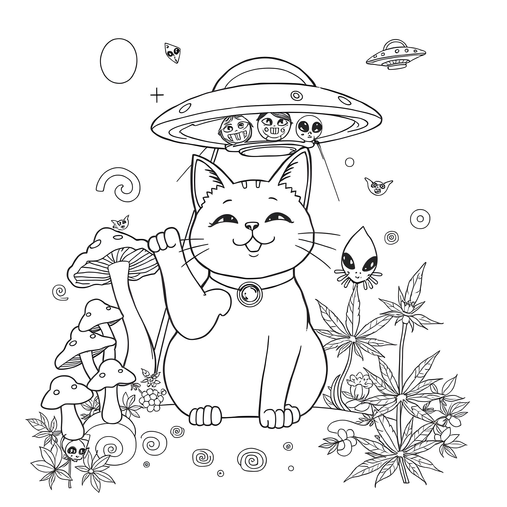 Cat in a Whimsical Alien Landscape Coloring Page (free black-and-white line drawing printable PDF for all, from beginners to advanced learners, including children, teens, adults, and seniors)