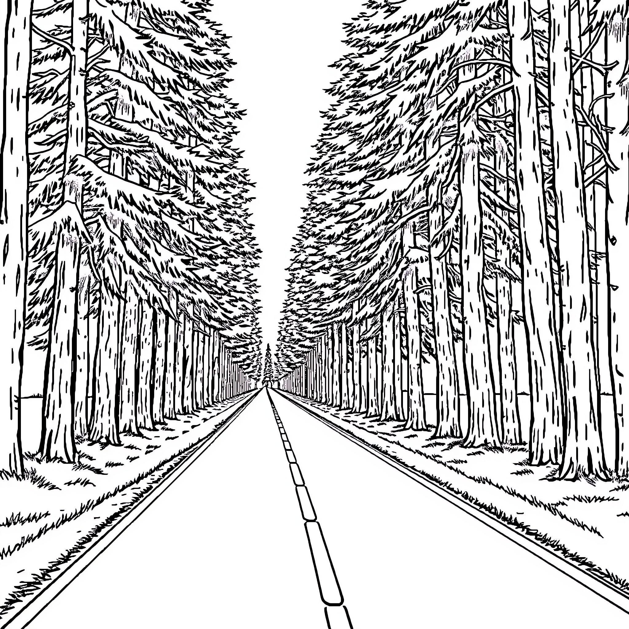 Road through a snowy forest landscape Coloring Page (free black-and-white line drawing printable PDF for all, from beginners to advanced learners, including children, teens, adults, and seniors)
