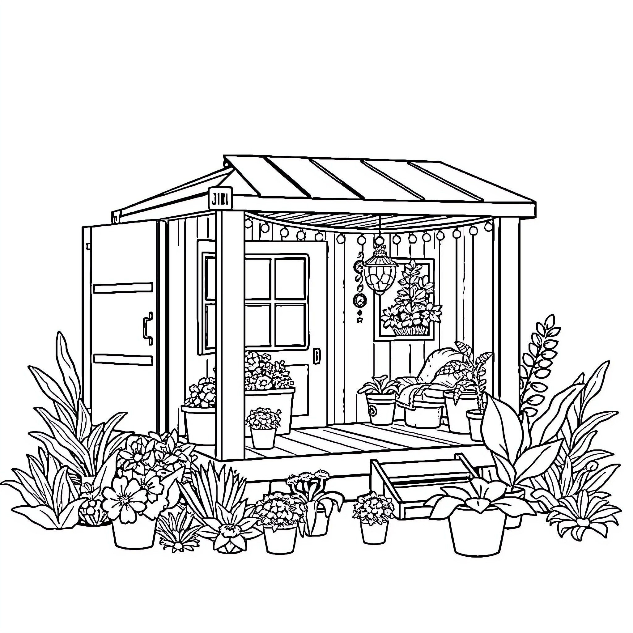 Container Home with Lush Garden and Decor Coloring Page (free black-and-white line drawing printable PDF for all, from beginners to advanced learners, including children, teens, adults, and seniors)