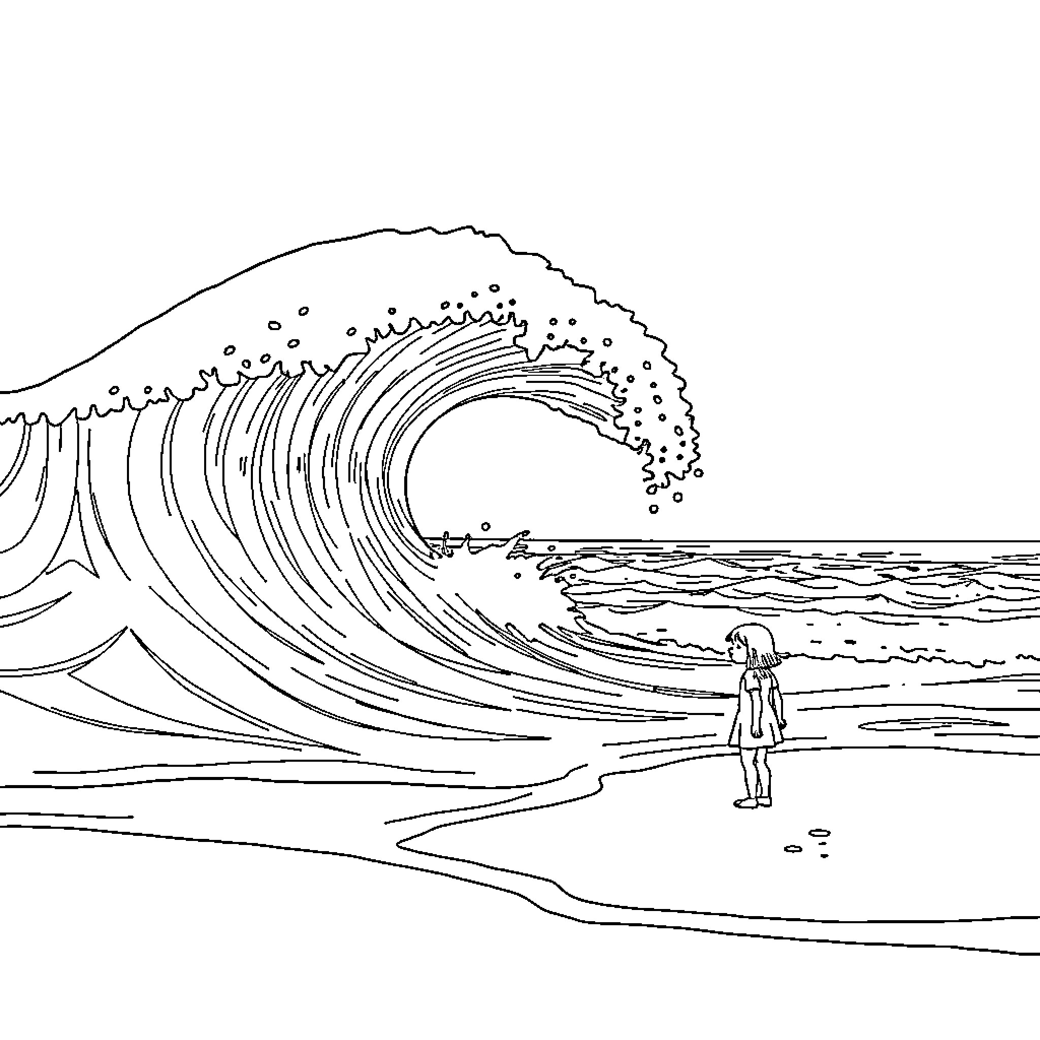 Wave crashing with person standing by the shore Coloring Page (free black-and-white line drawing printable PDF for all, from beginners to advanced learners, including children, teens, adults, and seniors)