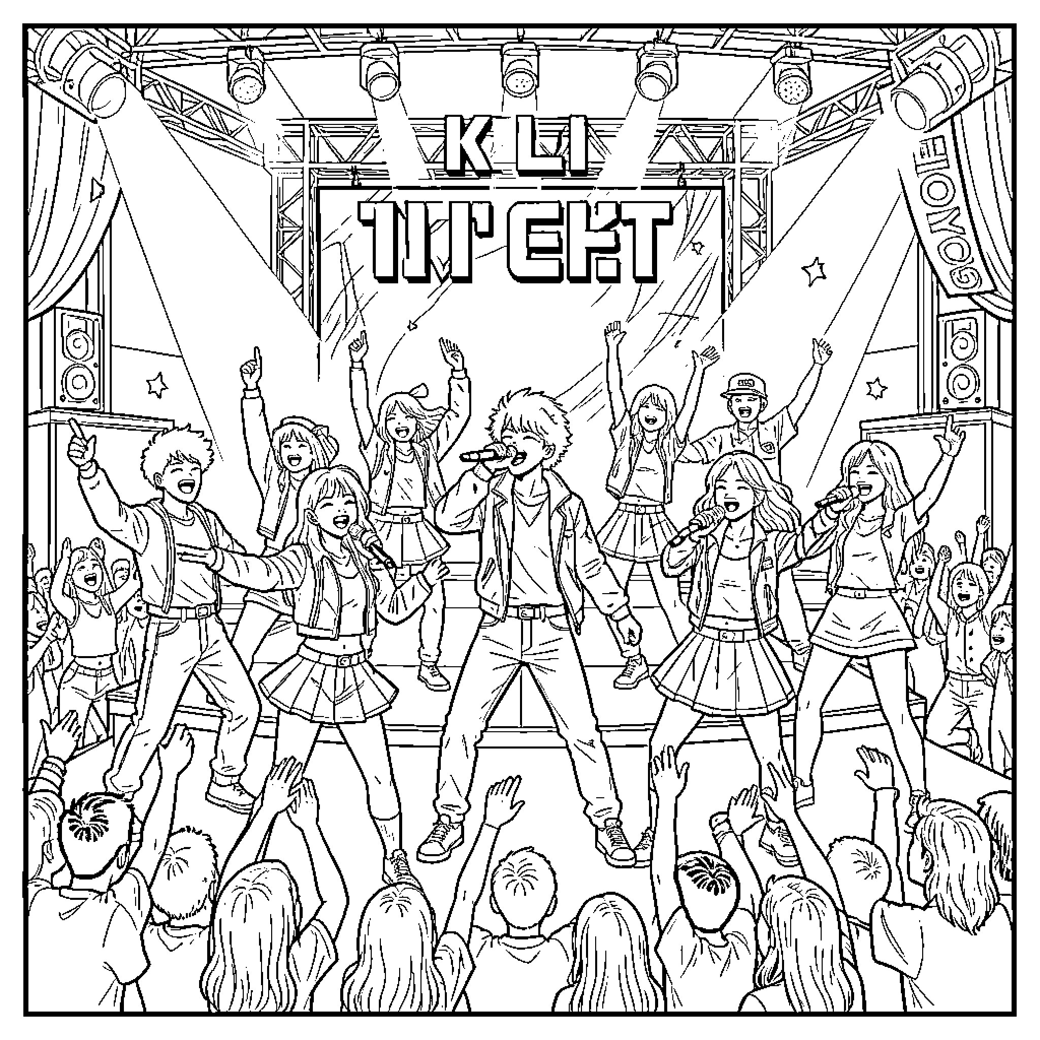 K Pop group performing energetically on a concert stage Coloring Page (free black-and-white line drawing printable PDF for all, from beginners to advanced learners, including children, teens, adults, and seniors)