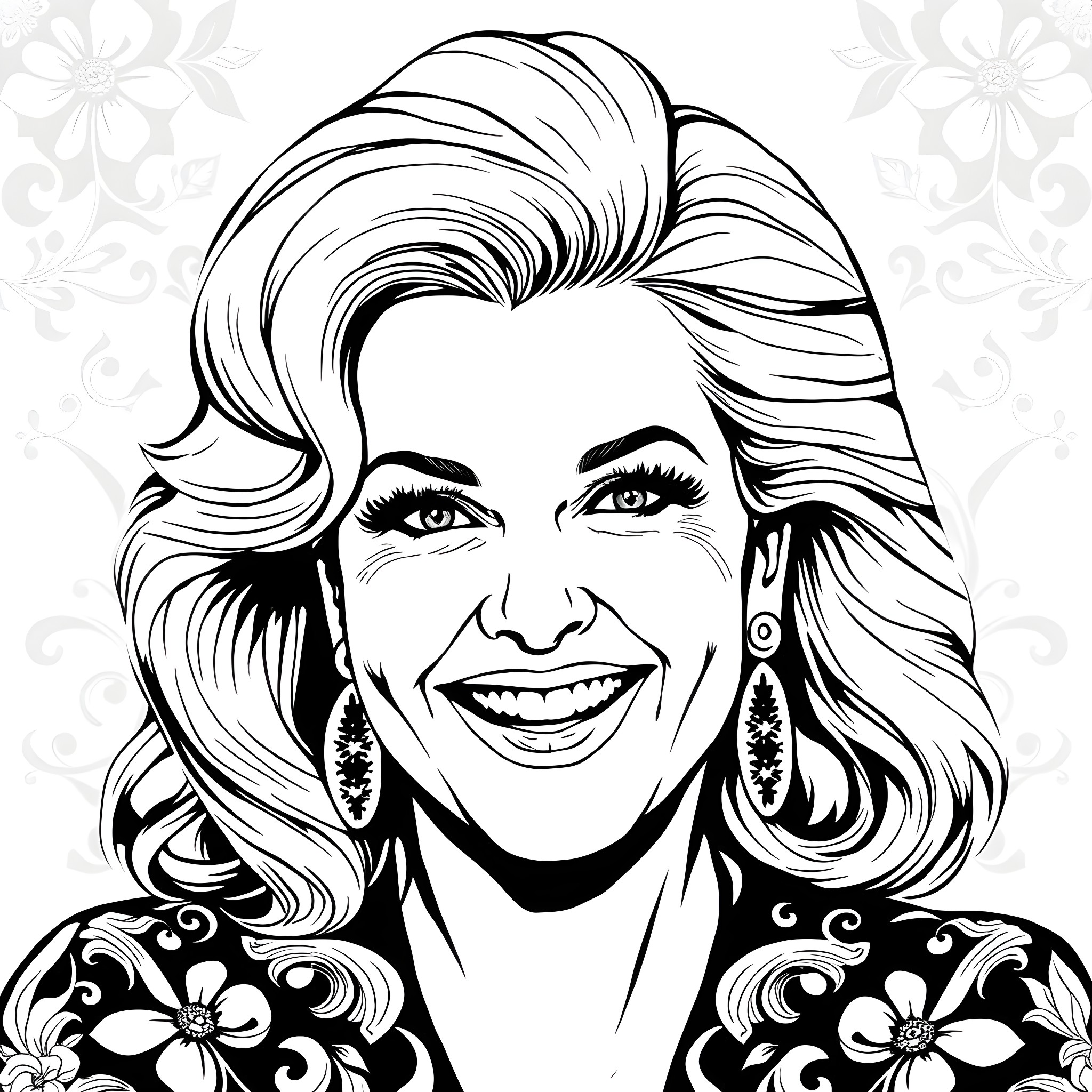 Anna Nicole Smith in a stylized portrait Coloring Page (free black-and-white line drawing printable PDF for all, from beginners to advanced learners, including children, teens, adults, and seniors)
