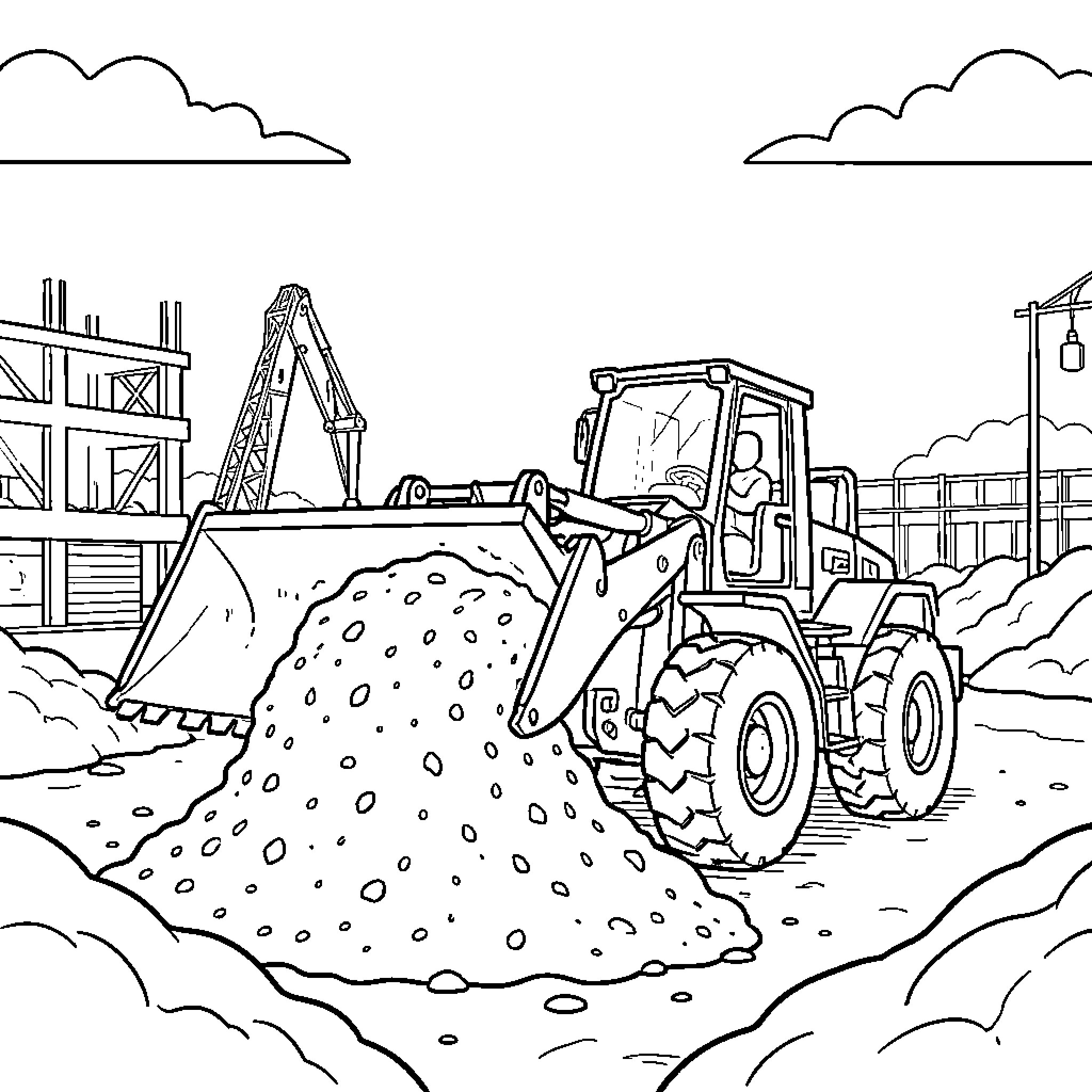 Loader moving a large pile of dirt Coloring Page (free black-and-white line drawing printable PDF for all, from beginners to advanced learners, including children, teens, adults, and seniors)