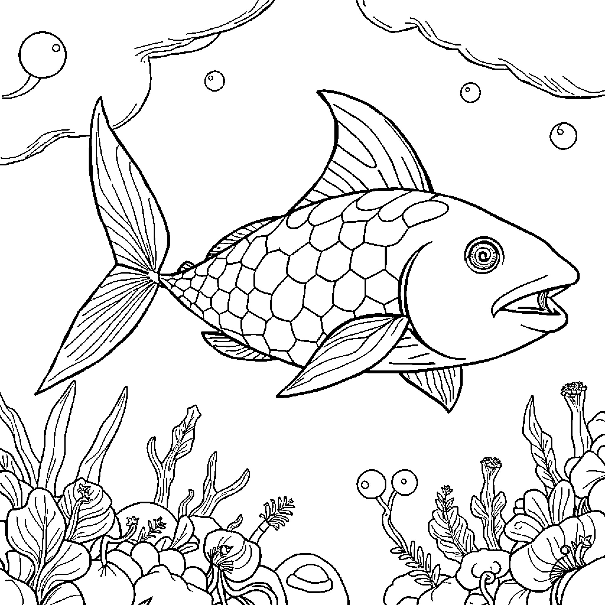 Whale swimming through an underwater garden Coloring Page (free black-and-white line drawing printable PDF for all, from beginners to advanced learners, including children, teens, adults, and seniors)