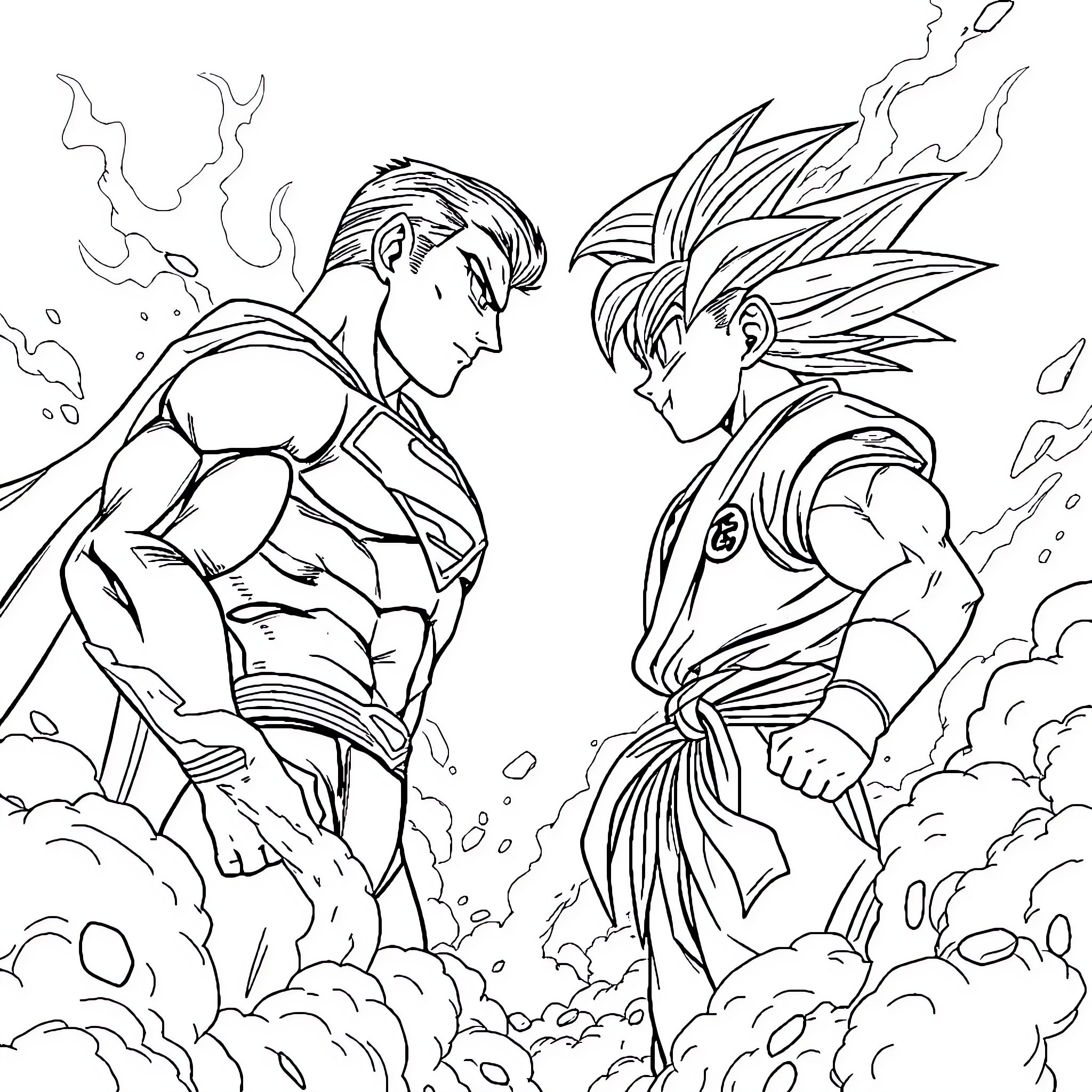 Superman-like characters in intense battle scene Coloring Page (free black-and-white line drawing printable PDF for all, from beginners to advanced learners, including children, teens, adults, and seniors)