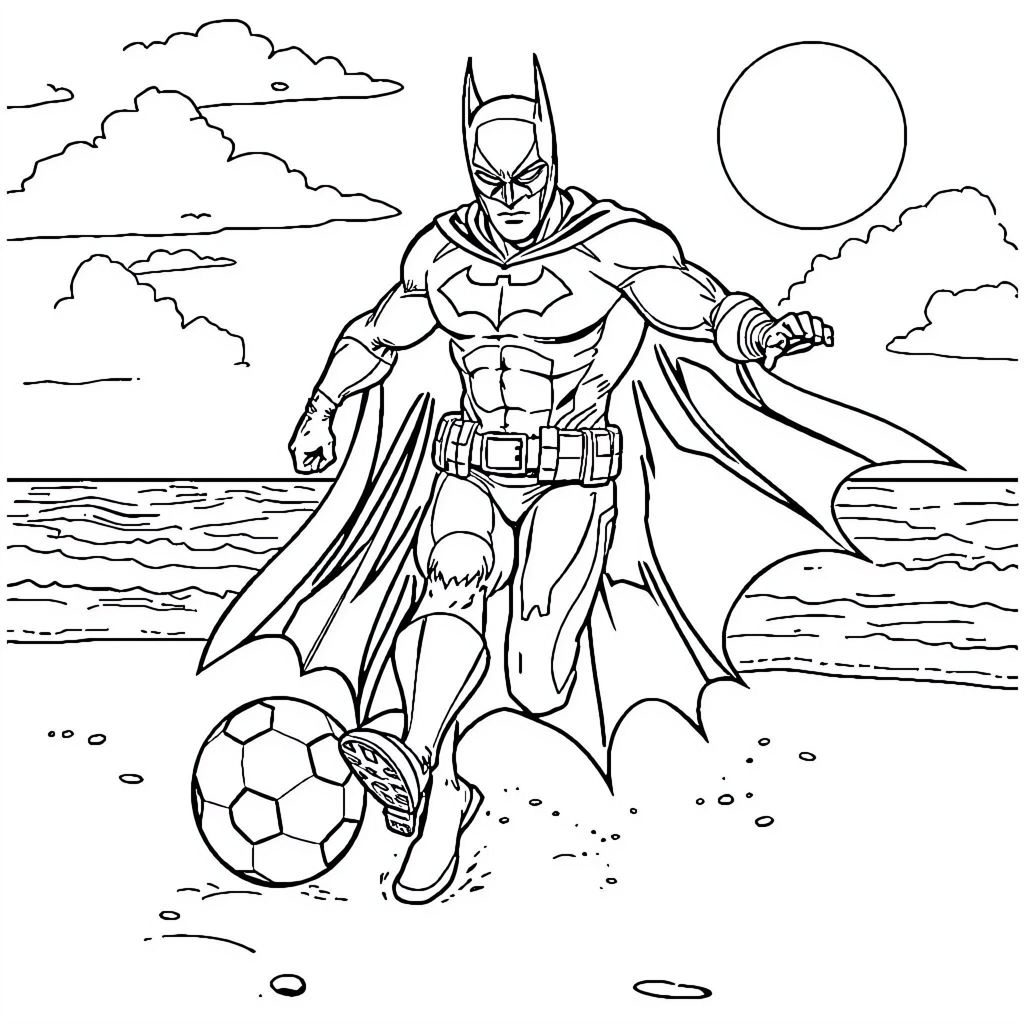 Batman playing soccer on the beach Coloring Page (free black-and-white line drawing printable PDF for all, from beginners to advanced learners, including children, teens, adults, and seniors)