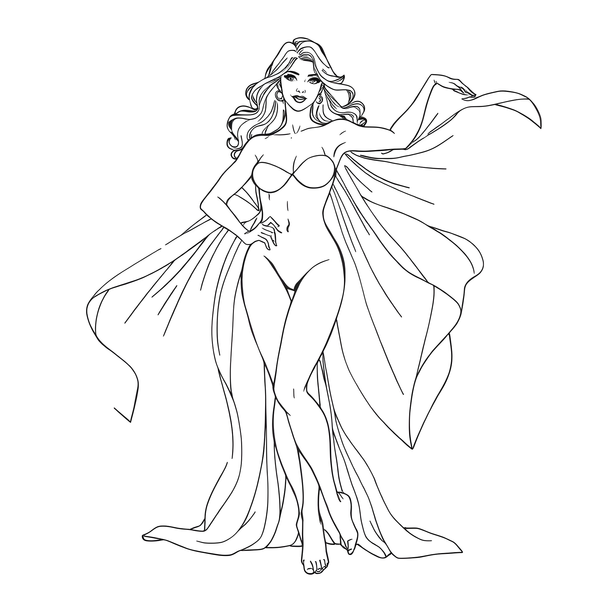 Woman in Flowing Dress Posing Gracefully Coloring Page (free black-and-white line drawing printable PDF for all, from beginners to advanced learners, including children, teens, adults, and seniors)