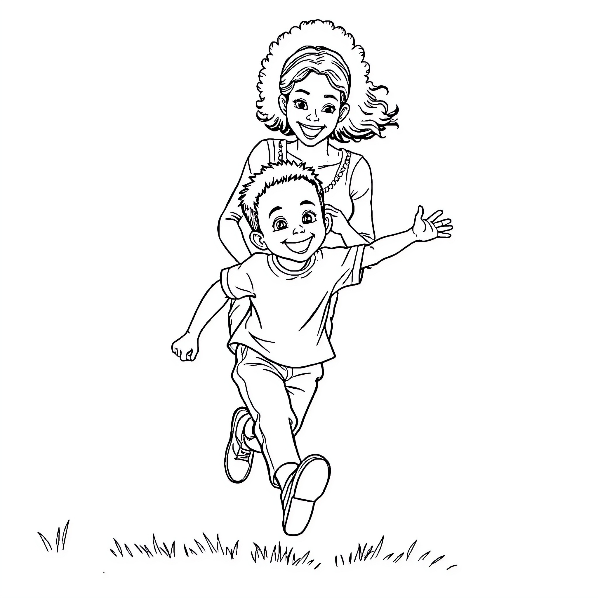 Boy and girl joyfully running in the field Coloring Page (free black-and-white line drawing printable PDF for all, from beginners to advanced learners, including children, teens, adults, and seniors)