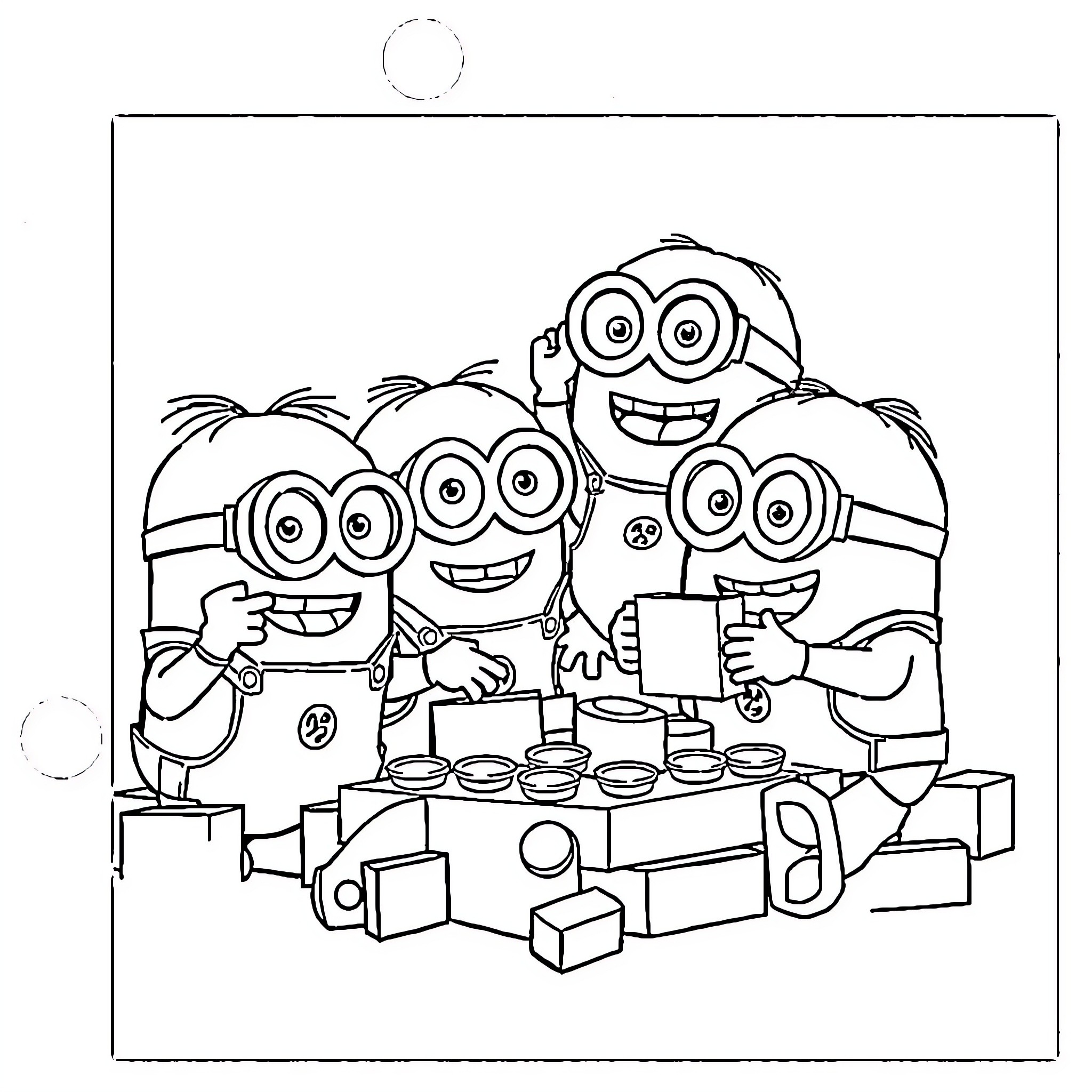 Minion Friends Enjoying a Fun Gathering Coloring Page (free black-and-white line drawing printable PDF for all, from beginners to advanced learners, including children, teens, adults, and seniors)