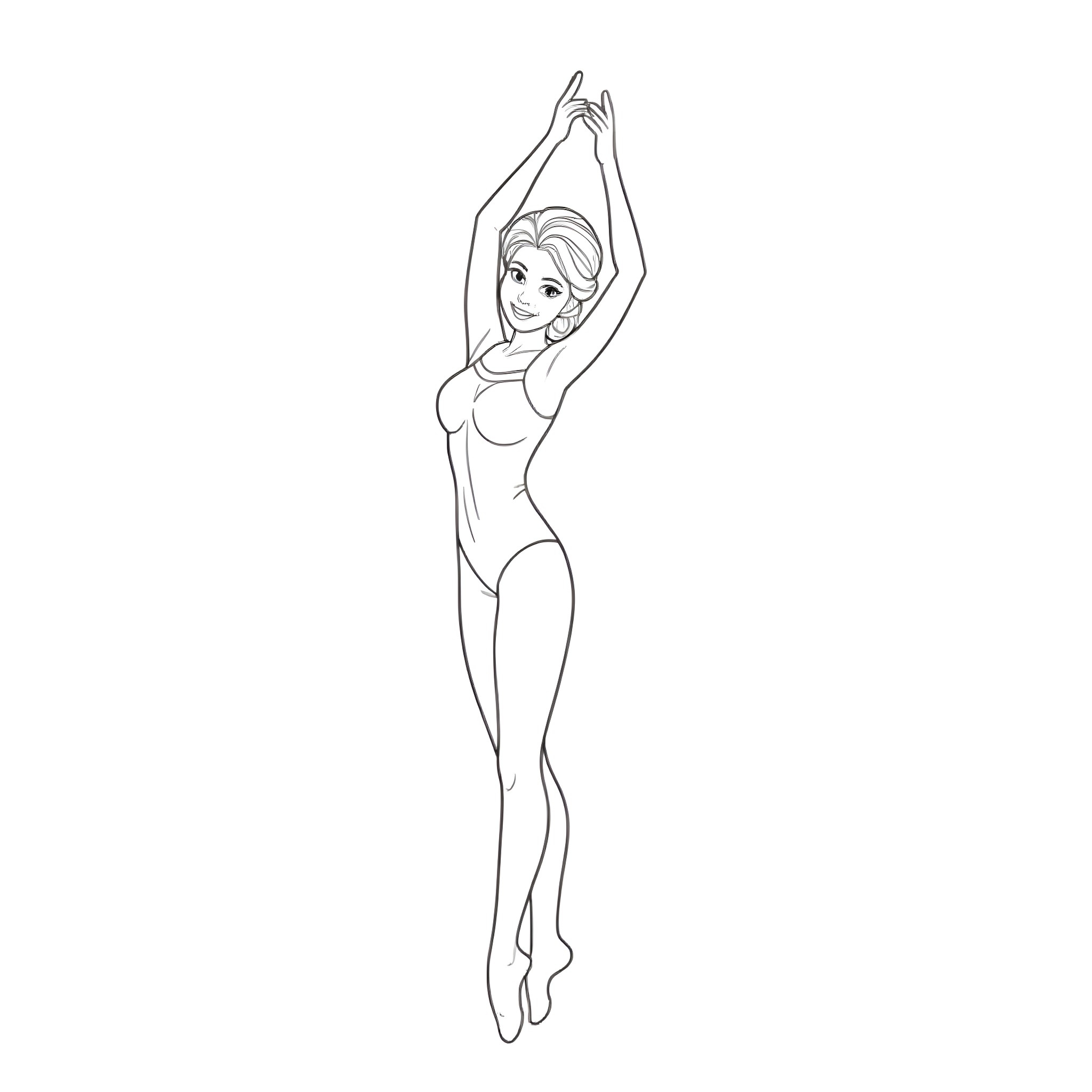 Elsa in a graceful dance pose Coloring Page (free black-and-white line drawing printable PDF for all, from beginners to advanced learners, including children, teens, adults, and seniors)