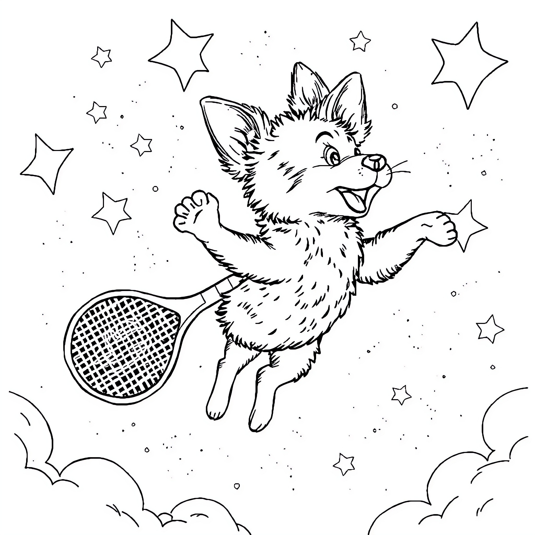 Chien jouant joyeusement avec des étoiles dans le ciel Coloring Page (free black-and-white line drawing printable PDF for all, from beginners to advanced learners, including children, teens, adults, and seniors)