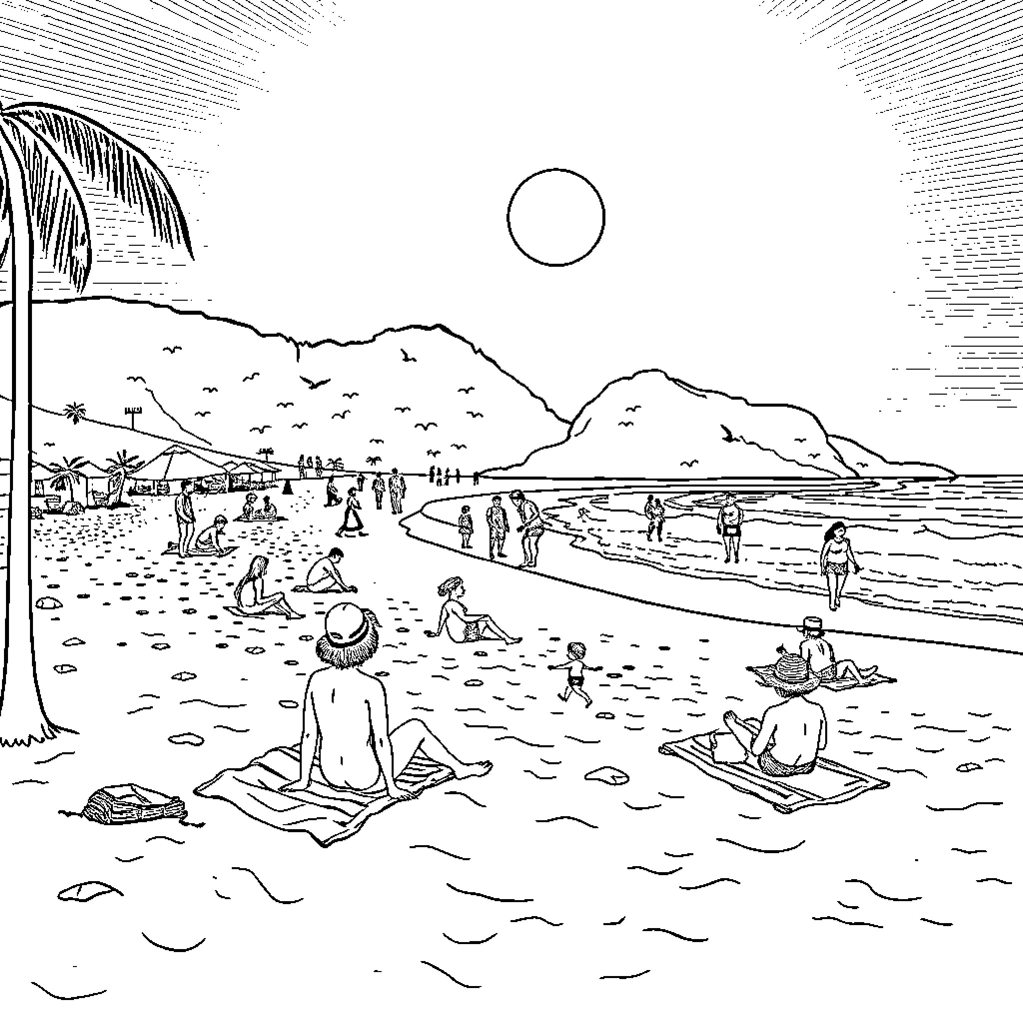 Person relaxing on beach with scenic ocean view Coloring Page (free black-and-white line drawing printable PDF for all, from beginners to advanced learners, including children, teens, adults, and seniors)