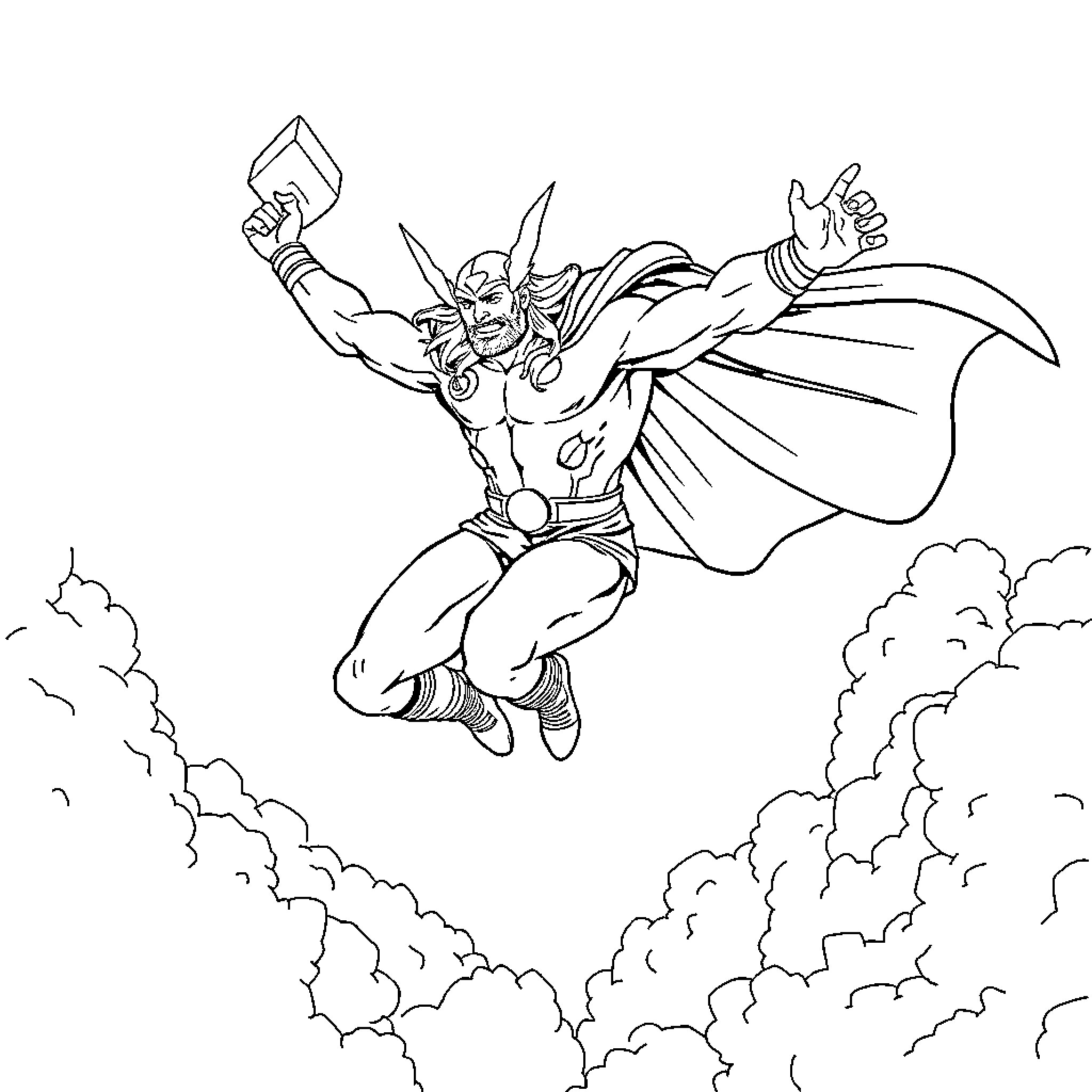 Thor in Epic Heroic Pose with Weapon Coloring Page (free black-and-white line drawing printable PDF for all, from beginners to advanced learners, including children, teens, adults, and seniors)