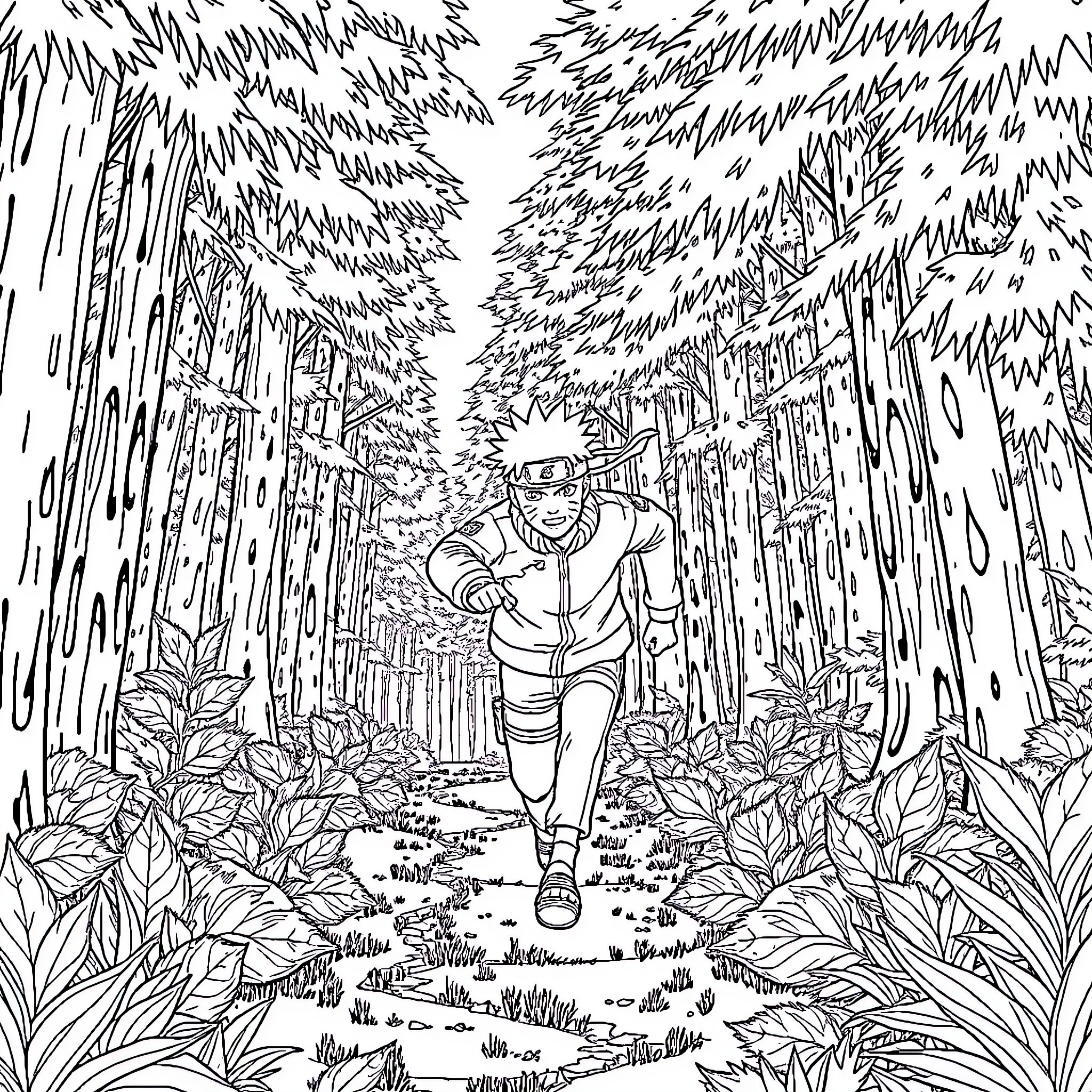 Naruto running through the dense forest Coloring Page (free black-and-white line drawing printable PDF for all, from beginners to advanced learners, including children, teens, adults, and seniors)