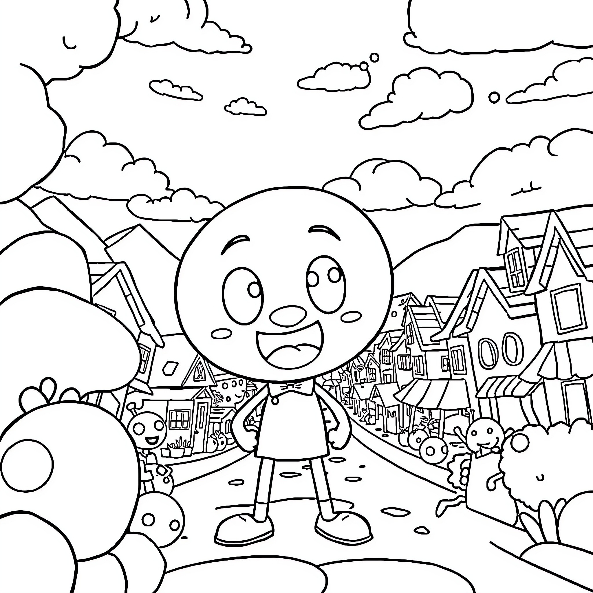 Gumball character in a whimsical town setting Coloring Page (free black-and-white line drawing printable PDF for all, from beginners to advanced learners, including children, teens, adults, and seniors)