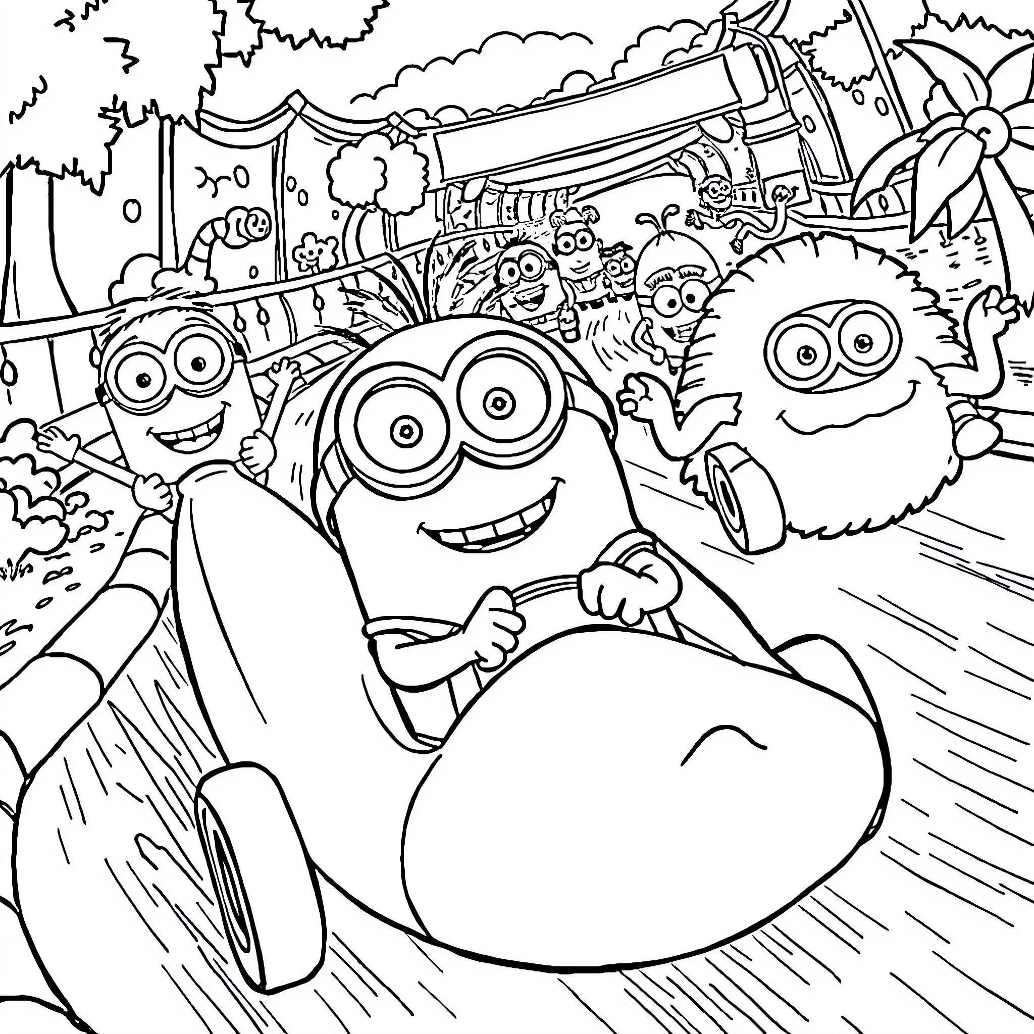Minions in a Crazy Adventure Coloring Page (free black-and-white line drawing printable PDF for all, from beginners to advanced learners, including children, teens, adults, and seniors)