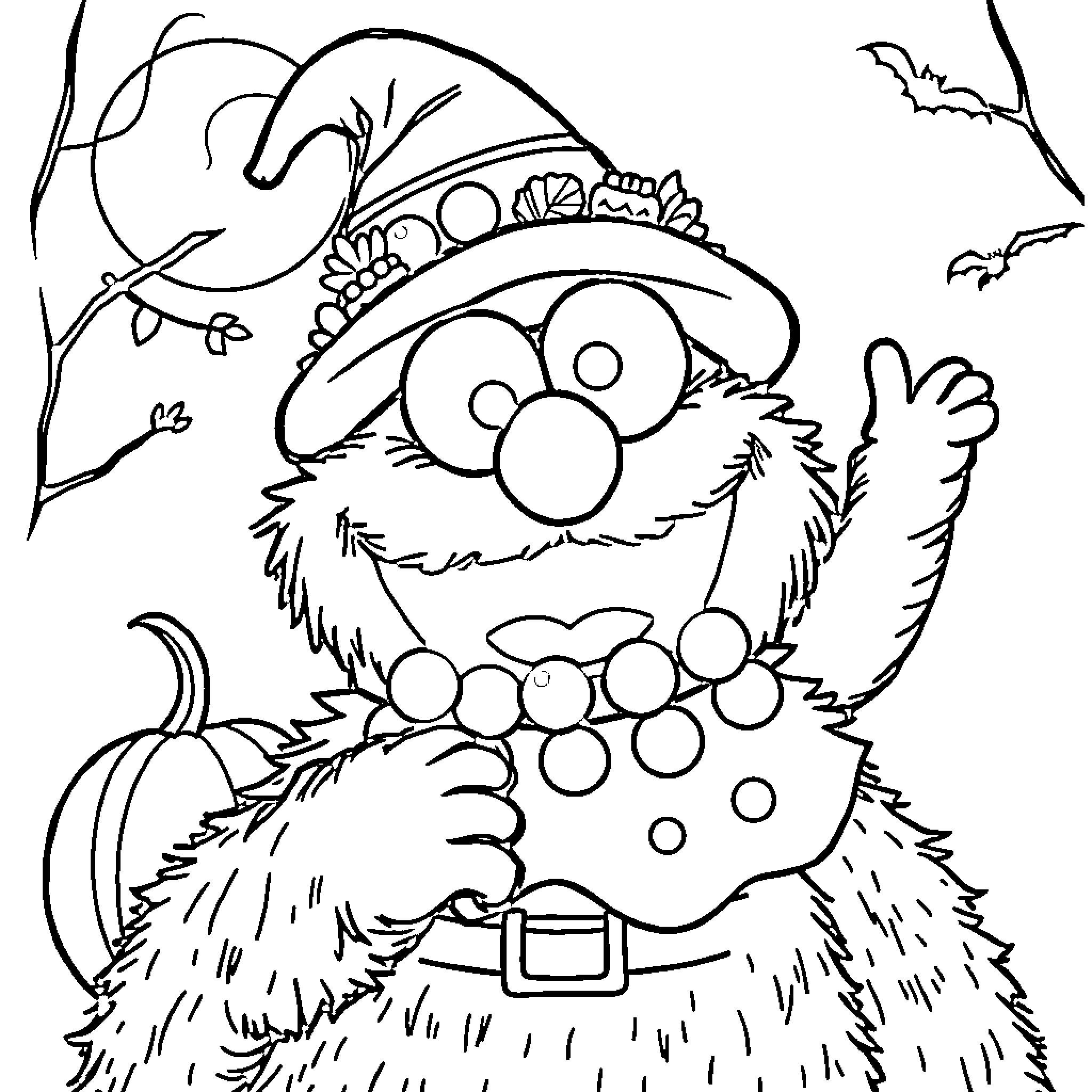 Cookie Monster in a Halloween-themed scene Coloring Page (free black-and-white line drawing printable PDF for all, from beginners to advanced learners, including children, teens, adults, and seniors)