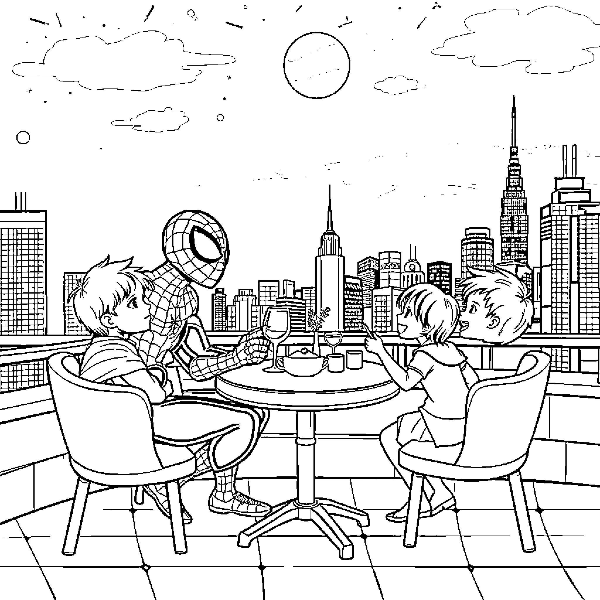 Spiderman enjoying a meal with friends in the city Coloring Page (free black-and-white line drawing printable PDF for all, from beginners to advanced learners, including children, teens, adults, and seniors)