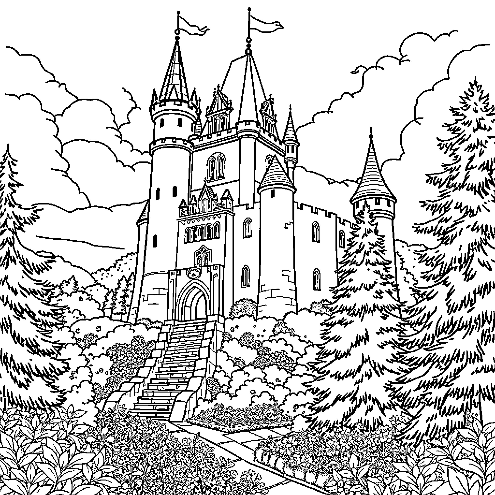 Princess Castle with Ornate Towers and Flags Coloring Page (free black-and-white line drawing printable PDF for all, from beginners to advanced learners, including children, teens, adults, and seniors)