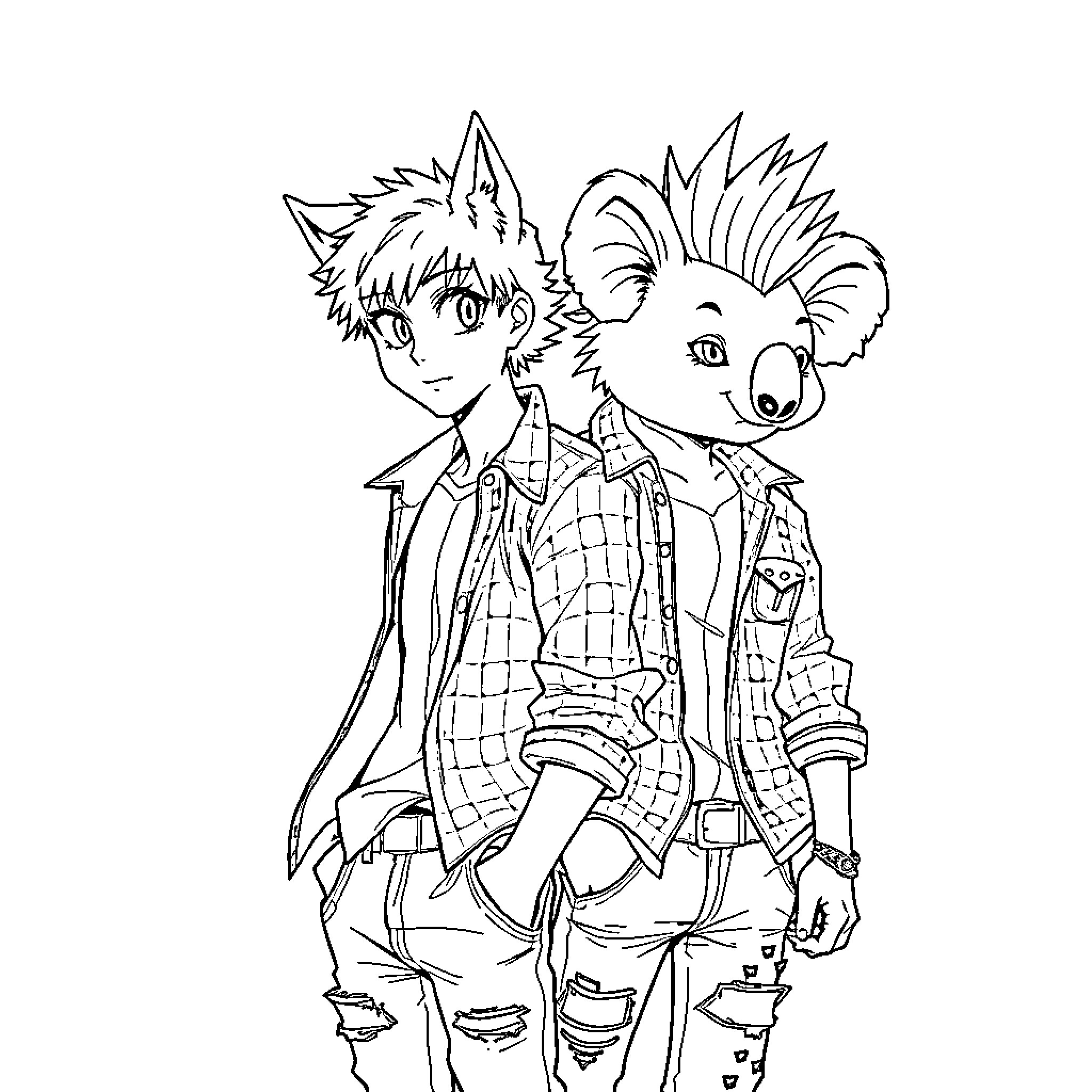 Anime Guy with Punk Rock Inspired Outfit Coloring Page (free black-and-white line drawing printable PDF for all, from beginners to advanced learners, including children, teens, adults, and seniors)