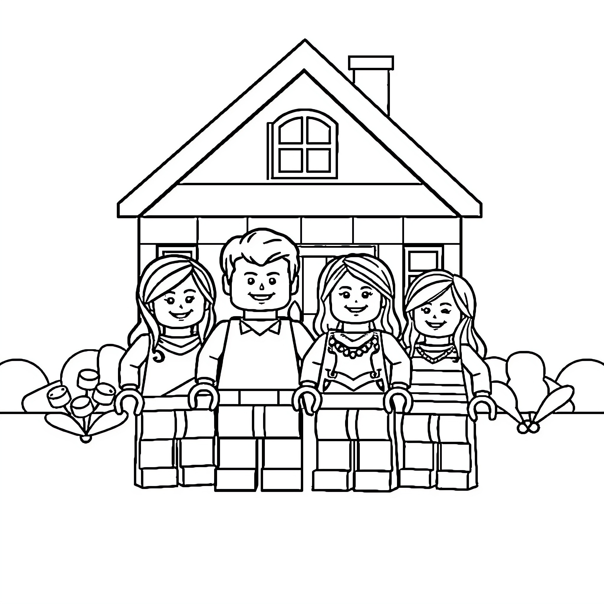 Lego family enjoying time together at home Coloring Page (free black-and-white line drawing printable PDF for all, from beginners to advanced learners, including children, teens, adults, and seniors)