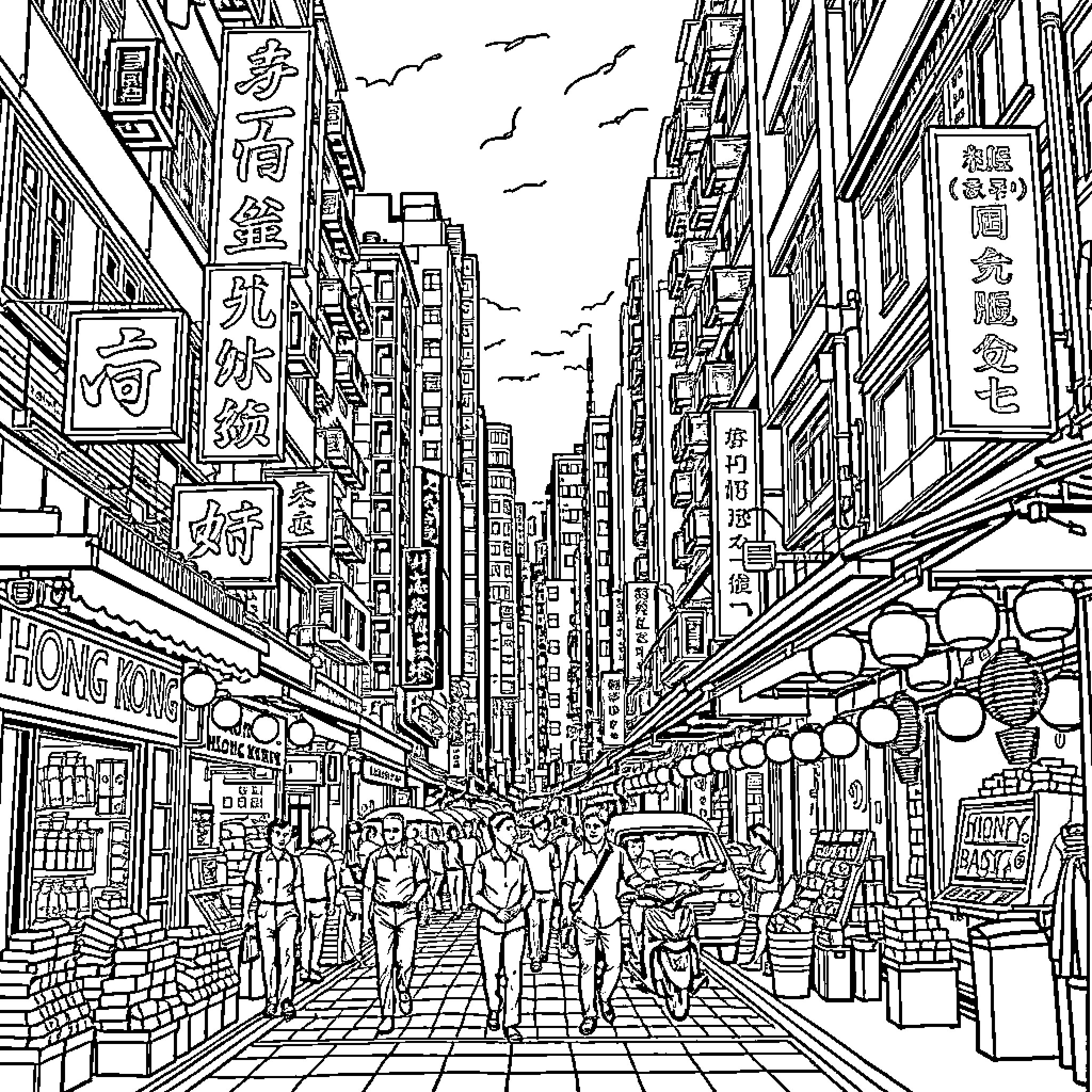 Hong Kong Bustling Street Scene with Shoppers and Signage Coloring Page (free black-and-white line drawing printable PDF for all, from beginners to advanced learners, including children, teens, adults, and seniors)