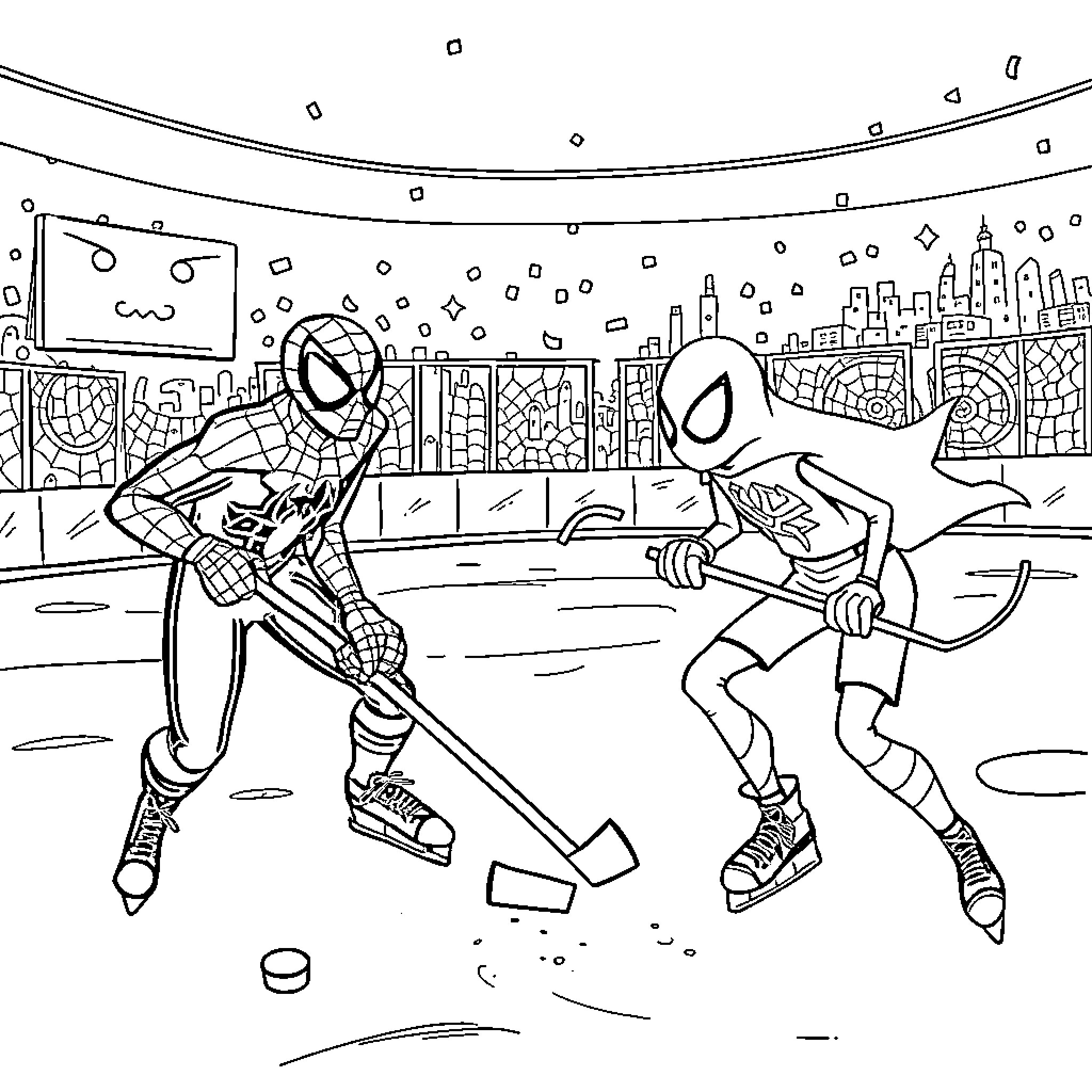 Spider-Themed Characters Playing Hockey on City Rink Coloring Page (free black-and-white line drawing printable PDF for all, from beginners to advanced learners, including children, teens, adults, and seniors)