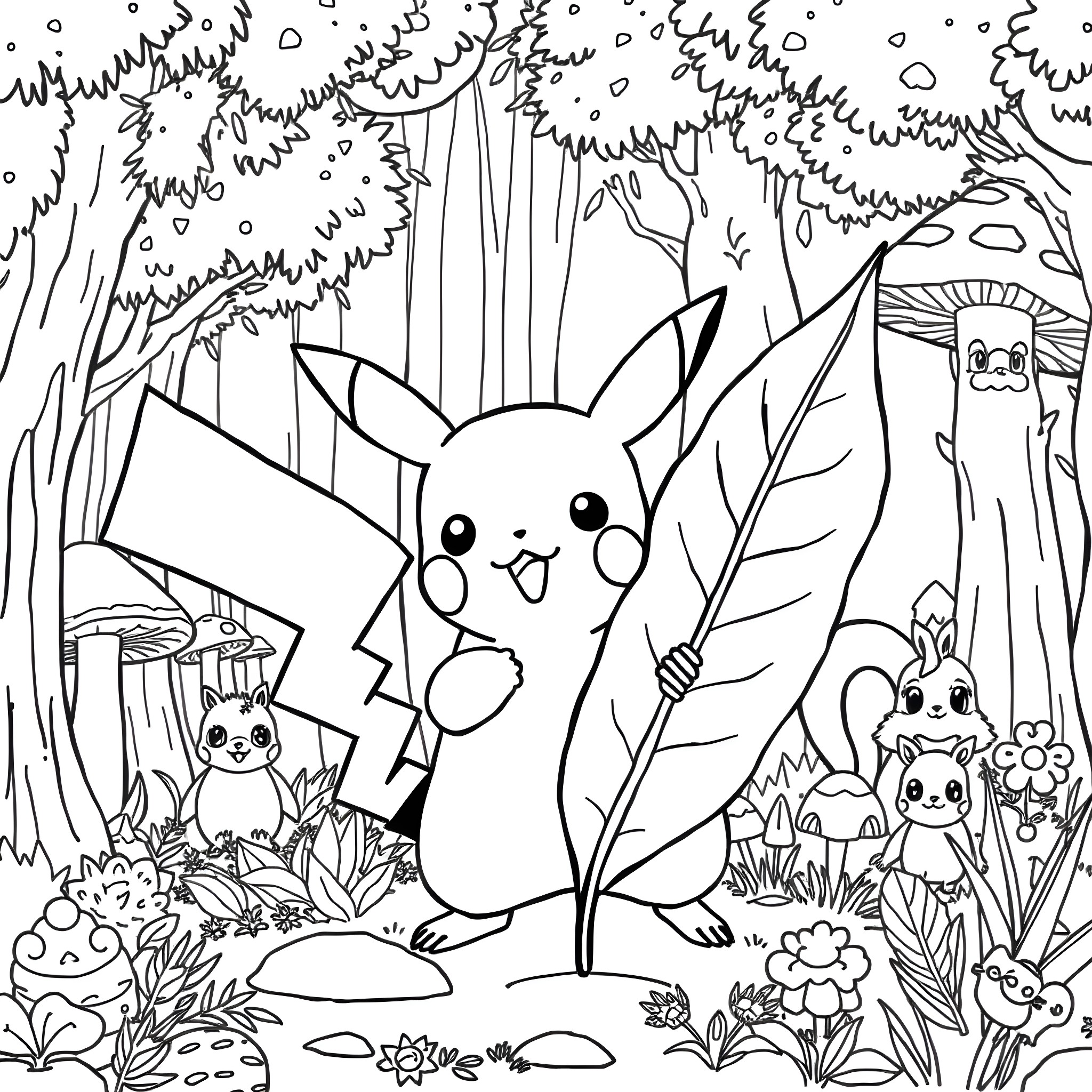 Pikachu and friends in the enchanted forest Coloring Page (free black-and-white line drawing printable PDF for all, from beginners to advanced learners, including children, teens, adults, and seniors)