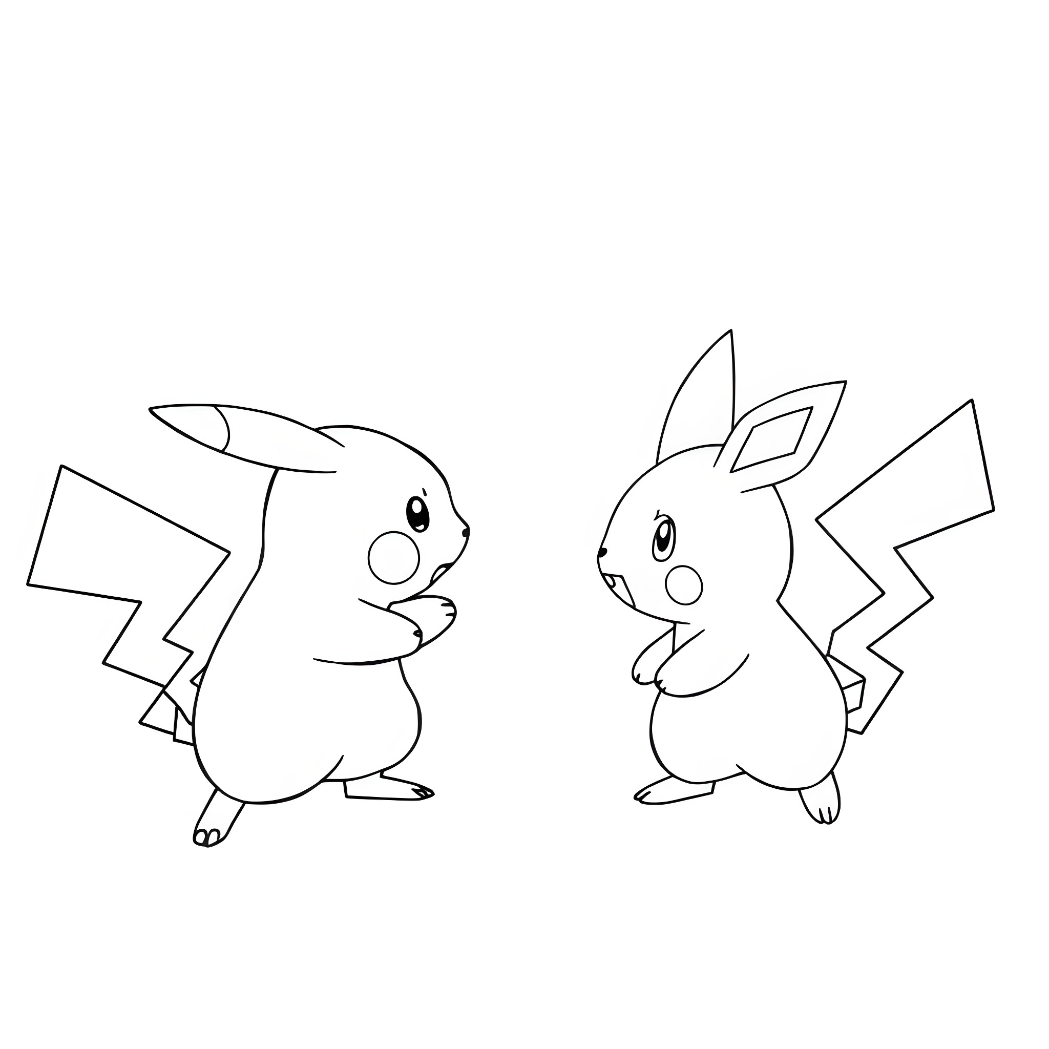 Pikachu and rabbit-like Pokémon in playful poses Coloring Page (free black-and-white line drawing printable PDF for all, from beginners to advanced learners, including children, teens, adults, and seniors)