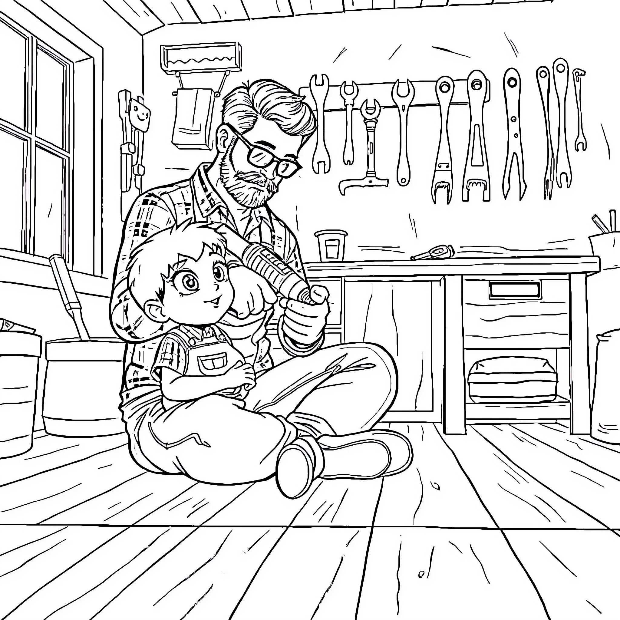 Child Learning from Mechanic in Workshop Coloring Page (free black-and-white line drawing printable PDF for all, from beginners to advanced learners, including children, teens, adults, and seniors)