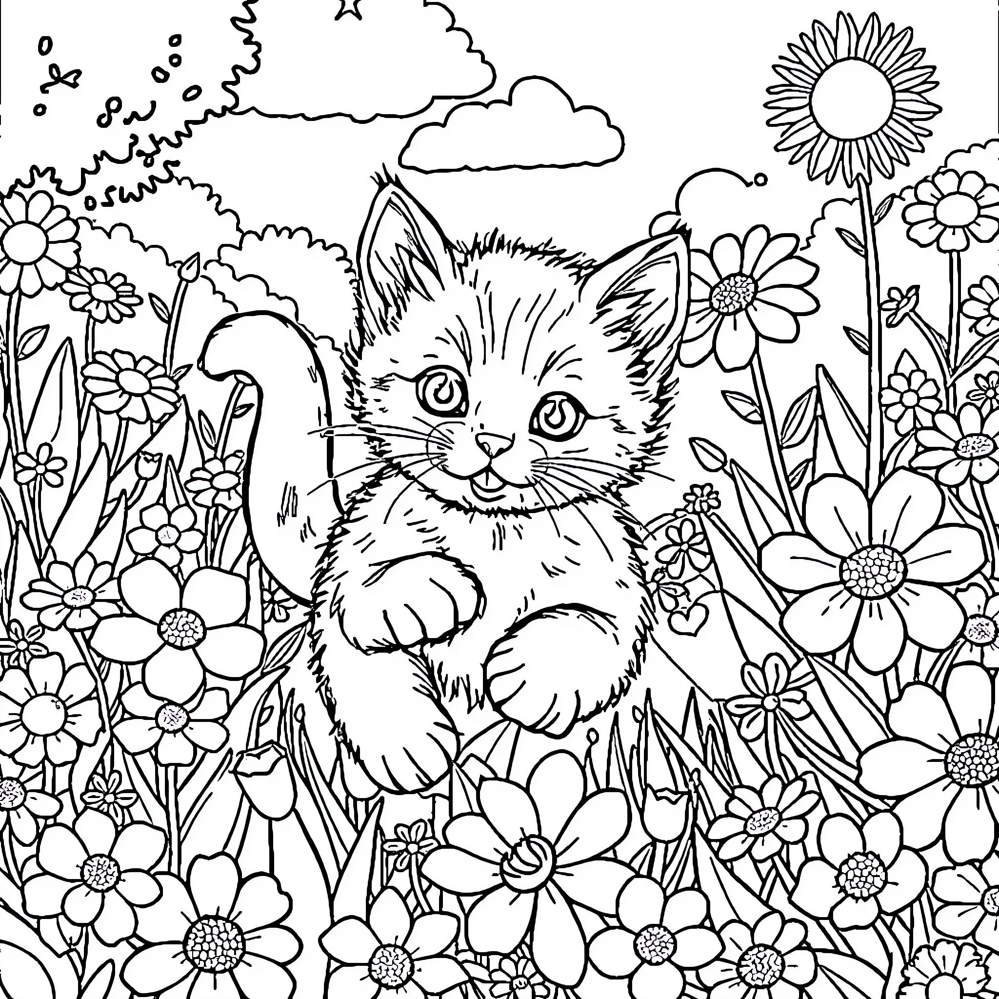 Kitten in Floral Garden Coloring Page (free black-and-white line drawing printable PDF for all, from beginners to advanced learners, including children, teens, adults, and seniors)