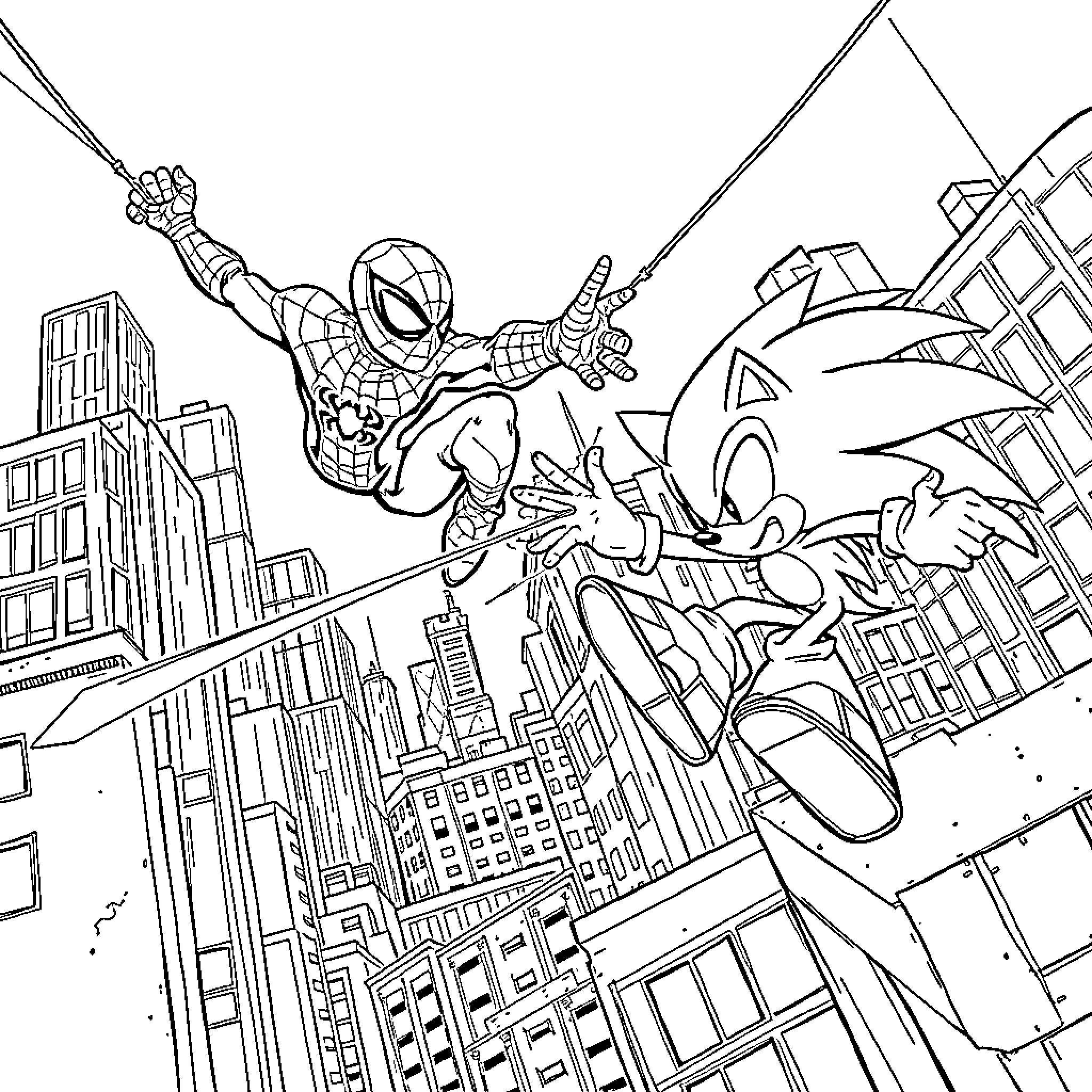 Spider-Man leaping into action in the city Coloring Page (free black-and-white line drawing printable PDF for all, from beginners to advanced learners, including children, teens, adults, and seniors)