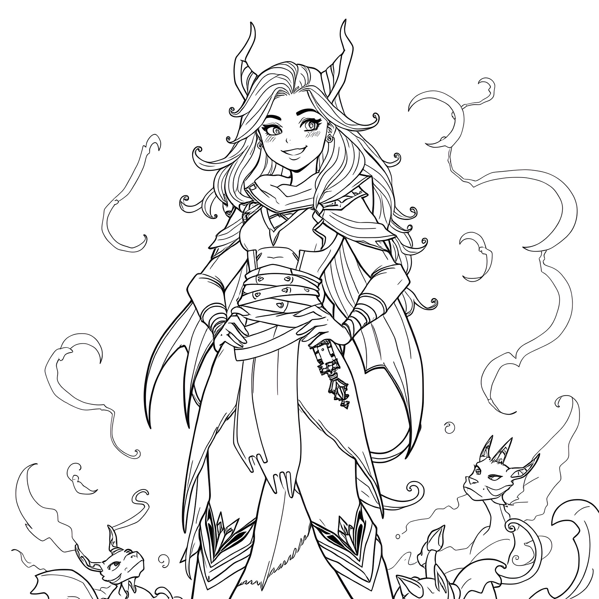 Bella Ramsey as a fantastical character in an imaginative scene Coloring Page (free black-and-white line drawing printable PDF for all, from beginners to advanced learners, including children, teens, adults, and seniors)