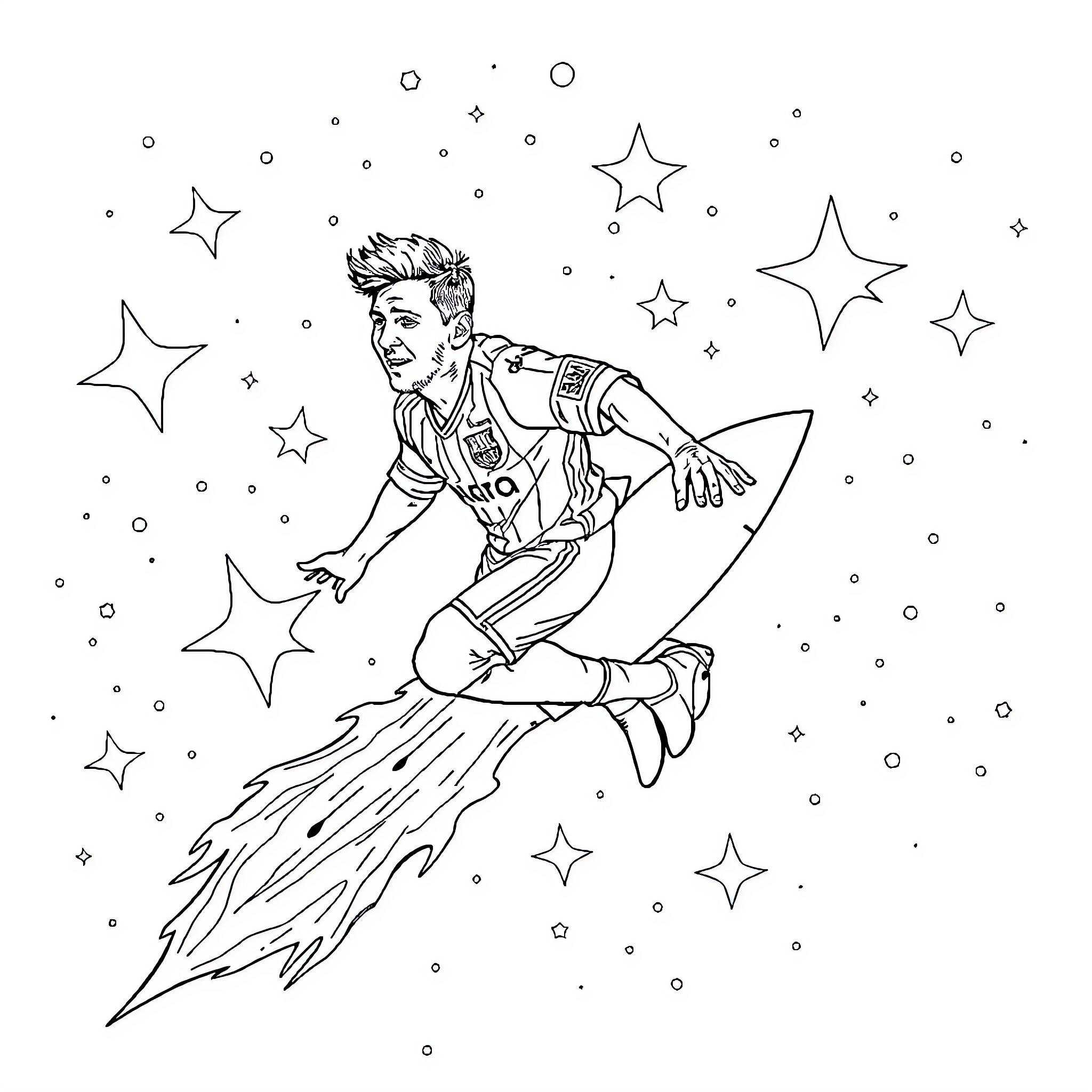 Lionel Messi soaring through the stars Coloring Page (free black-and-white line drawing printable PDF for all, from beginners to advanced learners, including children, teens, adults, and seniors)