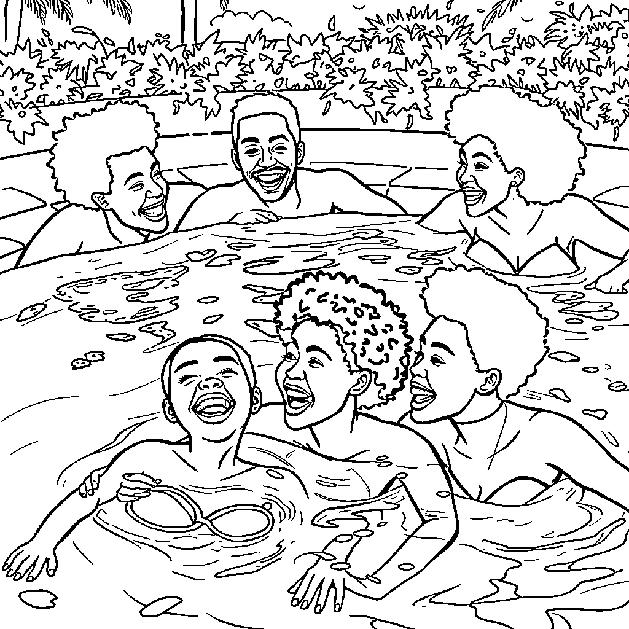 Pool Party with Laughing Friends Coloring Page (free black-and-white line drawing printable PDF for all, from beginners to advanced learners, including children, teens, adults, and seniors)