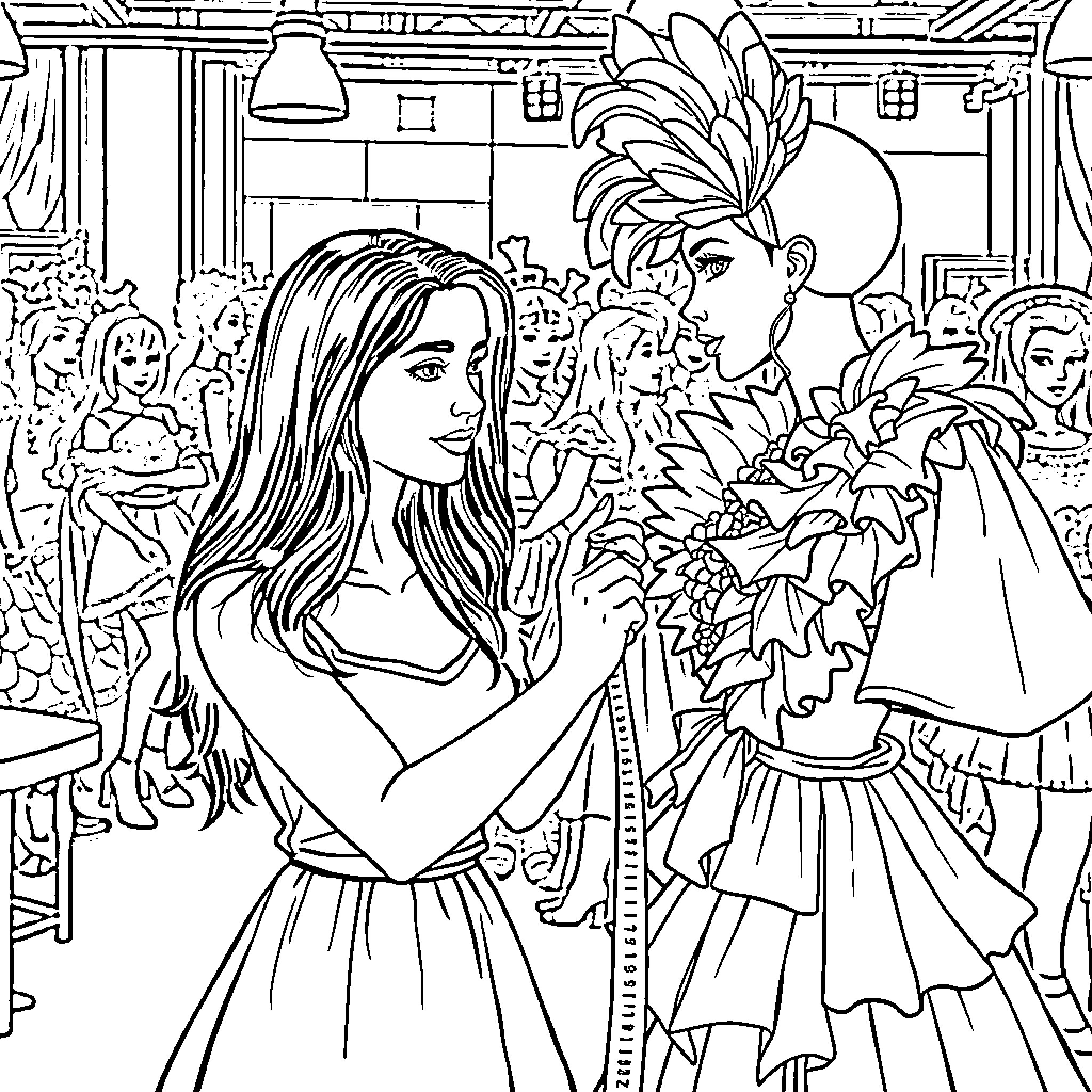 Woman in formal attire at a social event Coloring Page (free black-and-white line drawing printable PDF for all, from beginners to advanced learners, including children, teens, adults, and seniors)