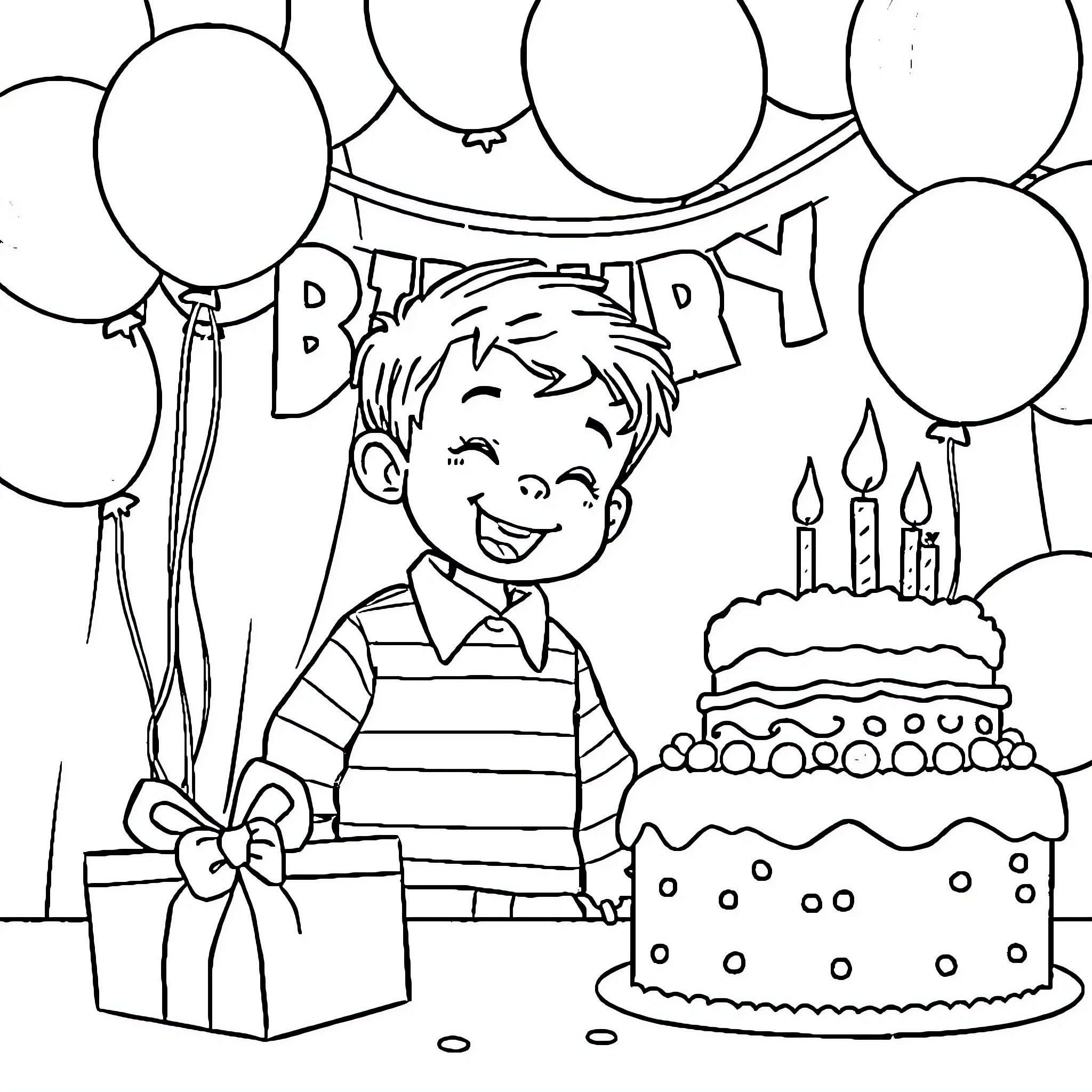 Birthday boy celebrating with cake and balloons Coloring Page (free black-and-white line drawing printable PDF for all, from beginners to advanced learners, including children, teens, adults, and seniors)
