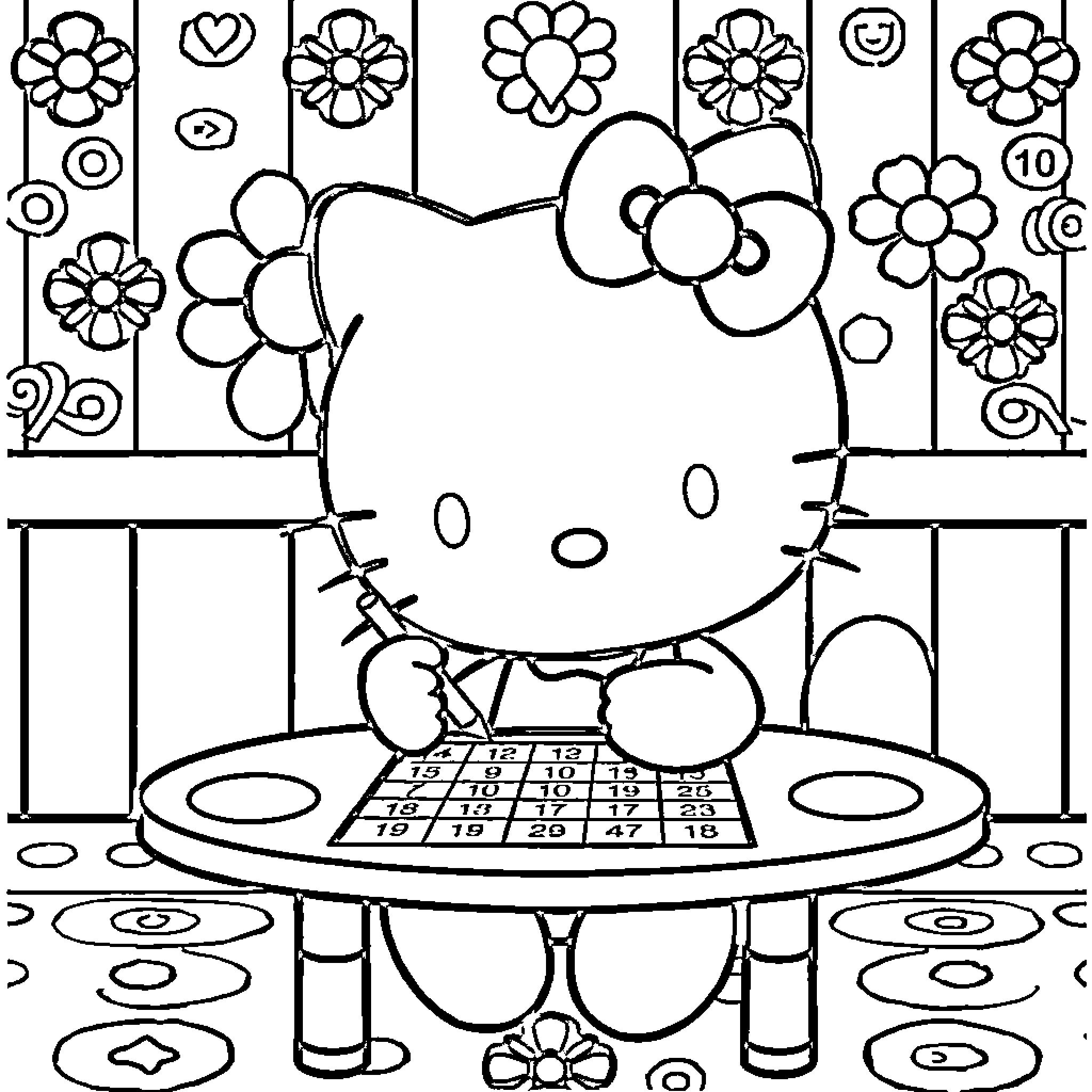 Hello Kitty playing on a calculator with flowers Coloring Page (free black-and-white line drawing printable PDF for all, from beginners to advanced learners, including children, teens, adults, and seniors)
