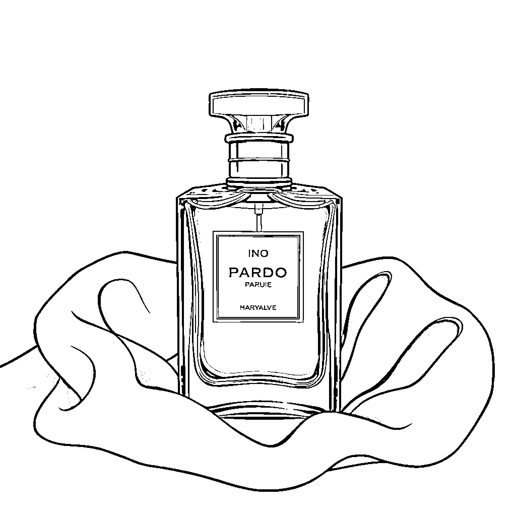 Perfume Bottle amid Flowing Fabric Coloring Page (free black-and-white line drawing printable PDF for all, from beginners to advanced learners, including children, teens, adults, and seniors)