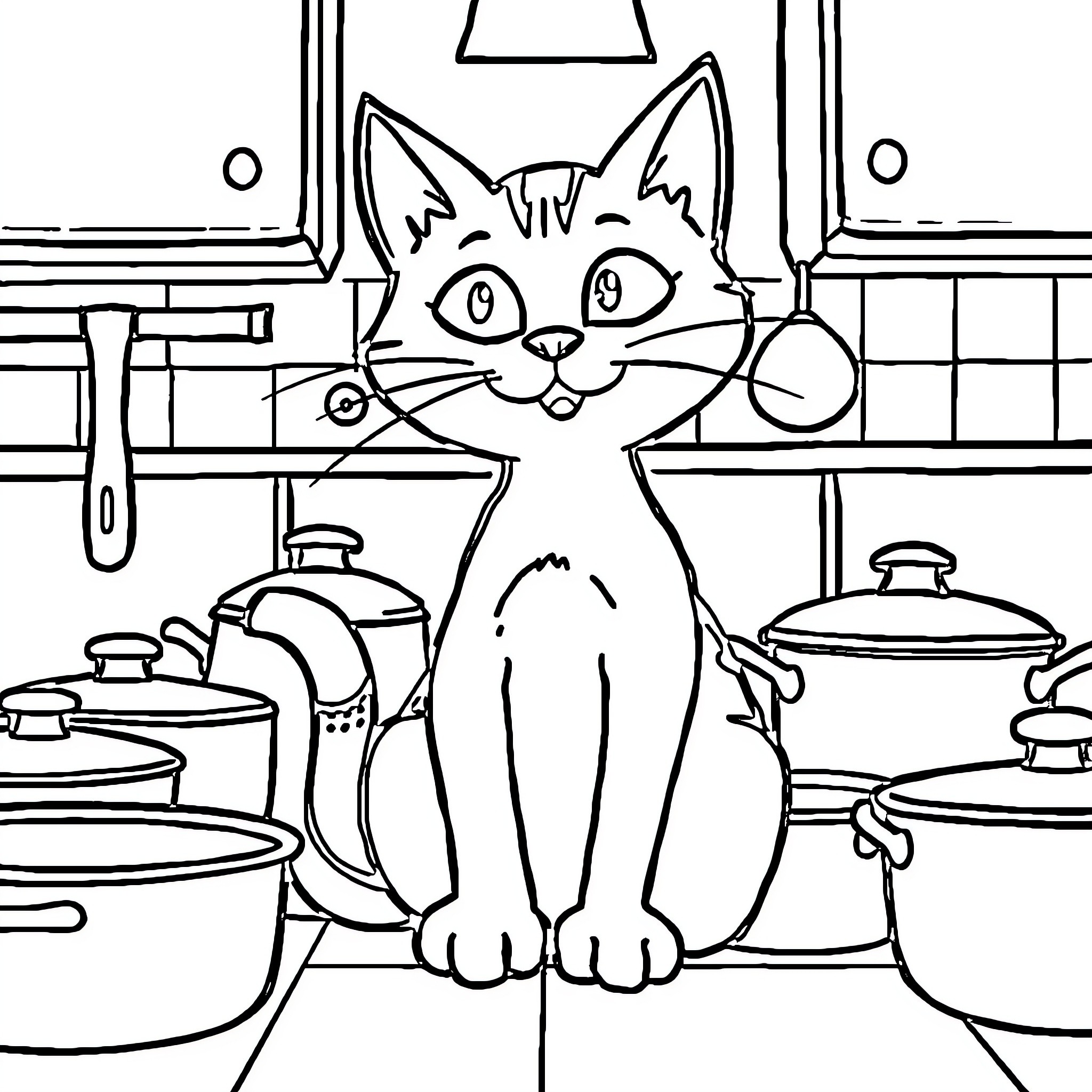 Pete the Cat exploring a busy kitchen Coloring Page (free black-and-white line drawing printable PDF for all, from beginners to advanced learners, including children, teens, adults, and seniors)
